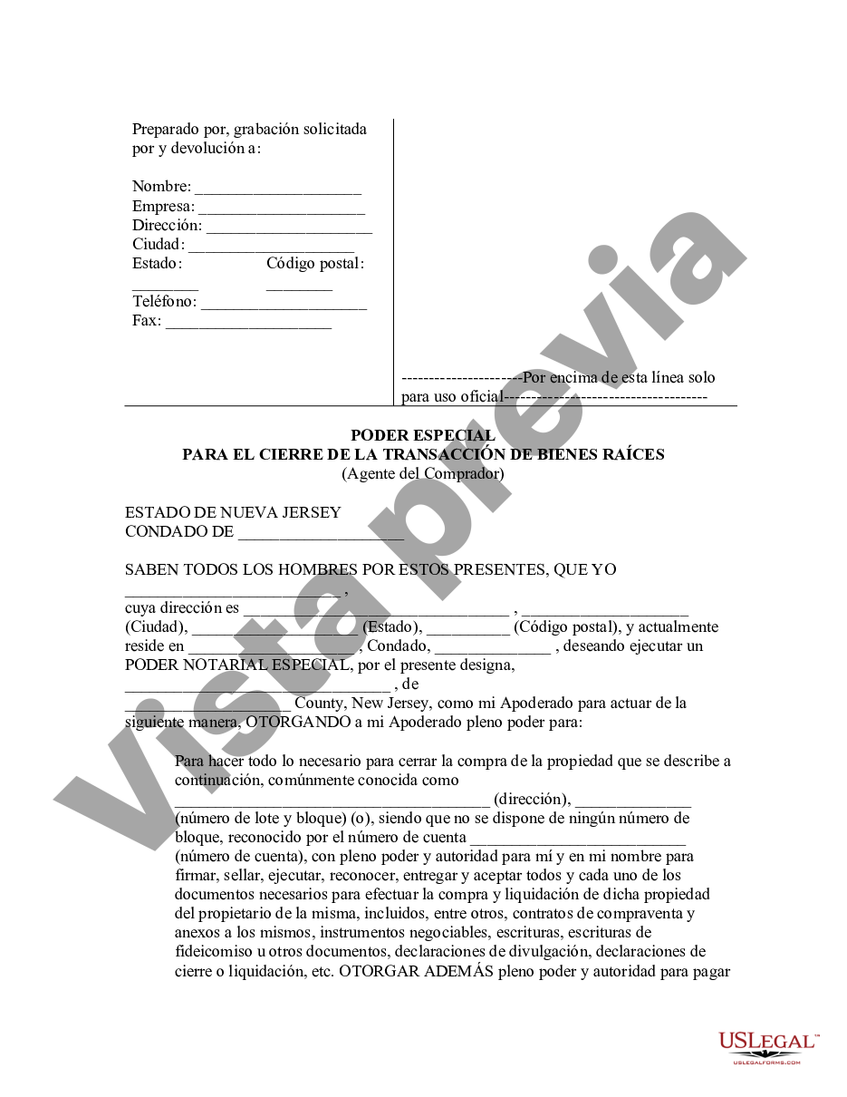 New Jersey Poder Notarial Especial O Limitado Para Transacciones De Compra De Bienes Raíces Por 9225