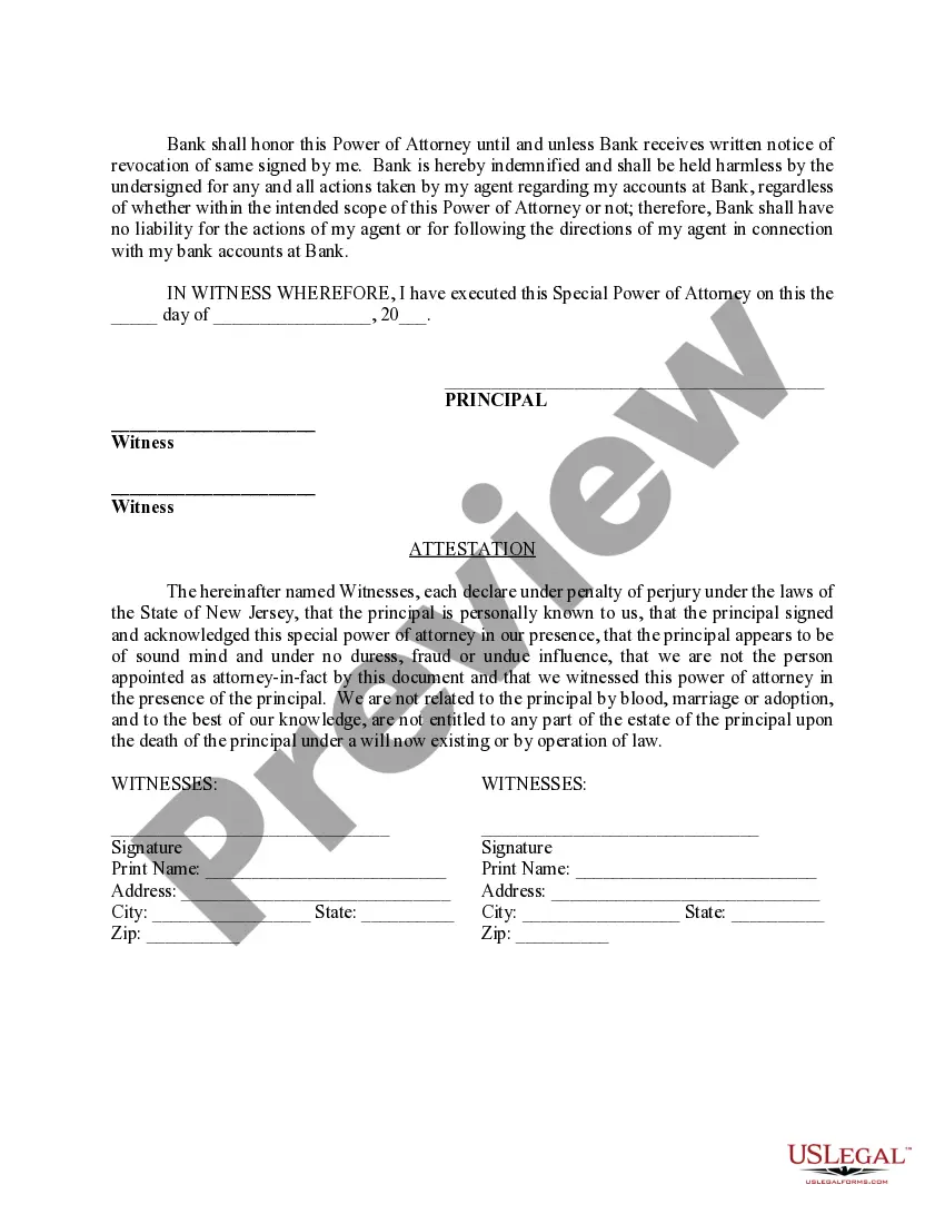 Preview Special Durable Power of Attorney for Bank Account Matters