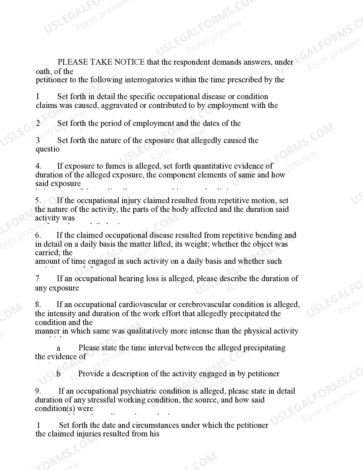 Preview Occupational Interrogatories for Workers' Compensation