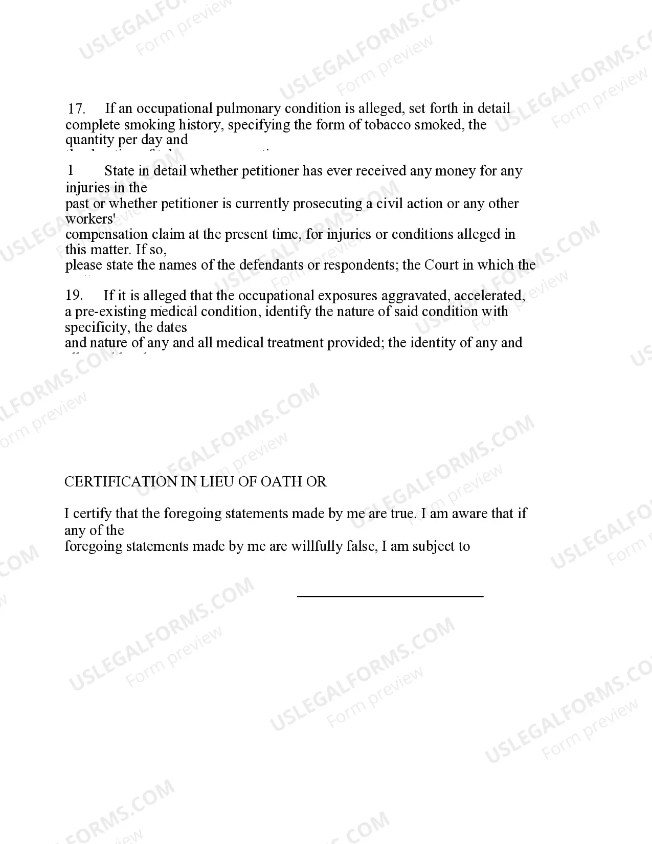 Preview Occupational Interrogatories for Workers' Compensation