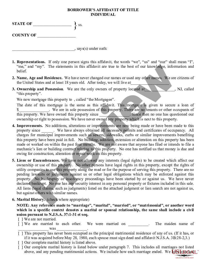 New Jersey Borrower's Affidavit of Title Individual | US Legal Forms