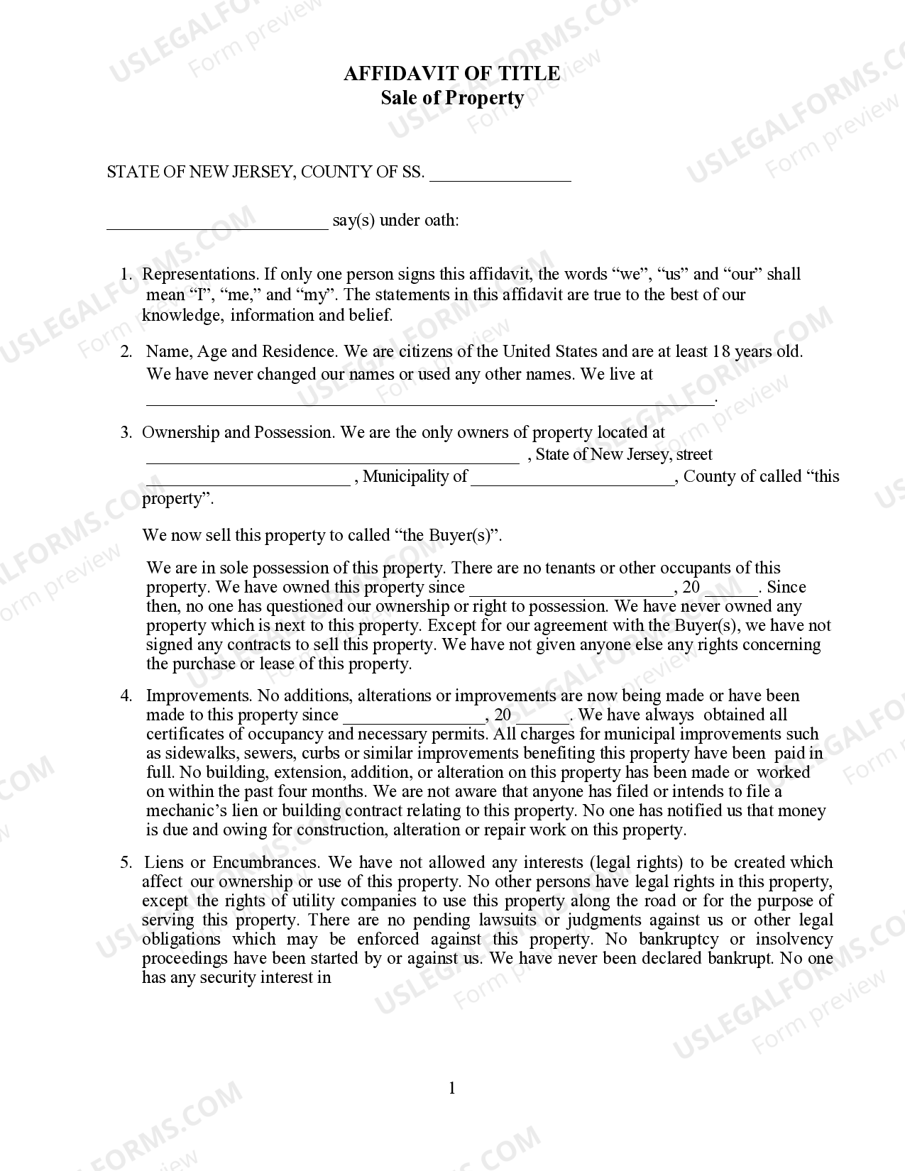 New Jersey Affidavit of Title Sale of Property US Legal Forms