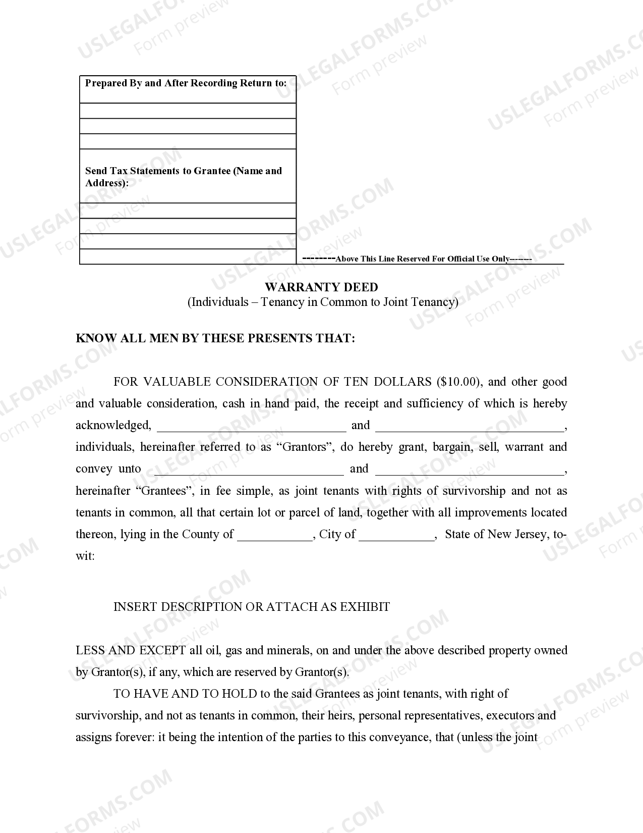 New Jersey Warranty Deed for Husband and Wife Converting Property from