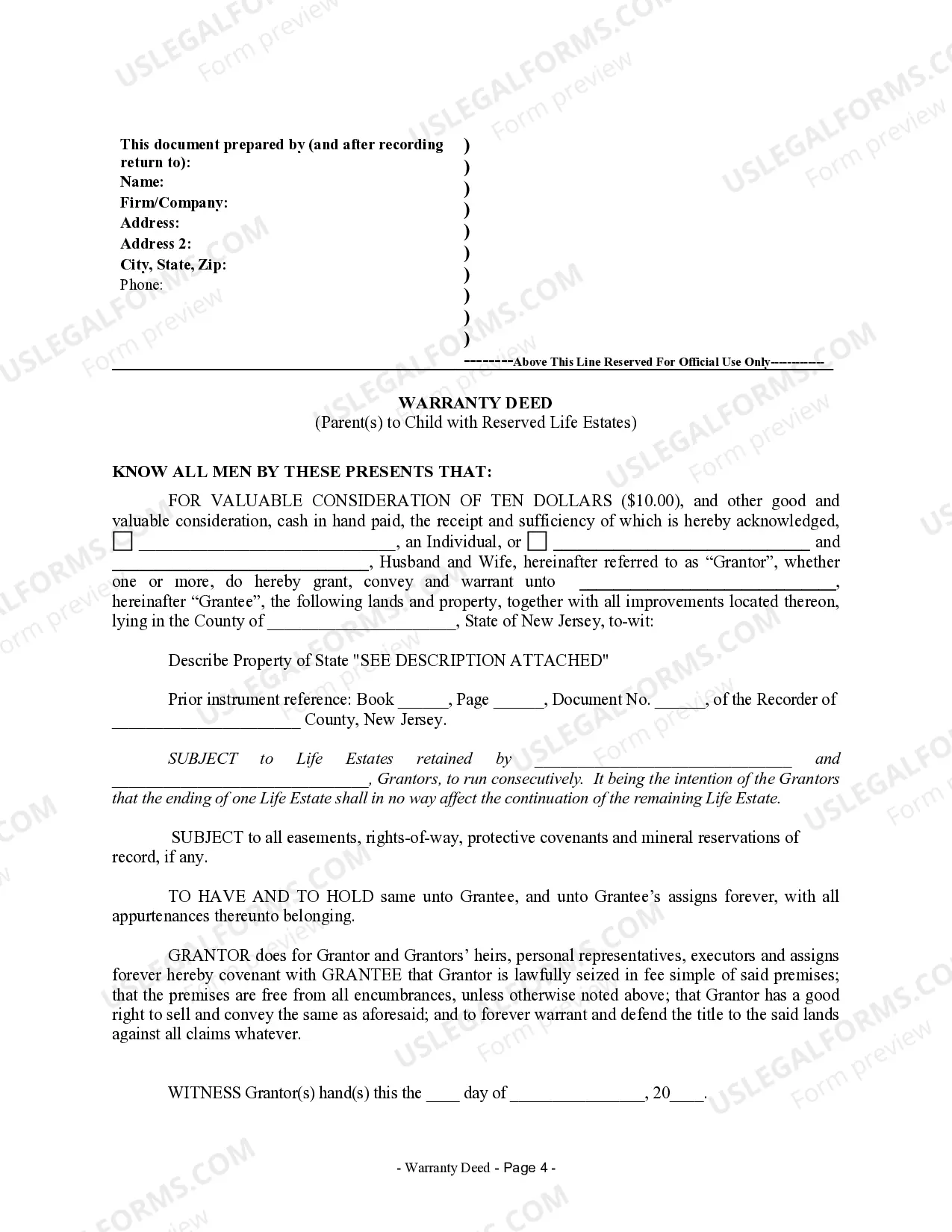 Preview Warranty Deed for Parents to Child with Reservation of Life Estate