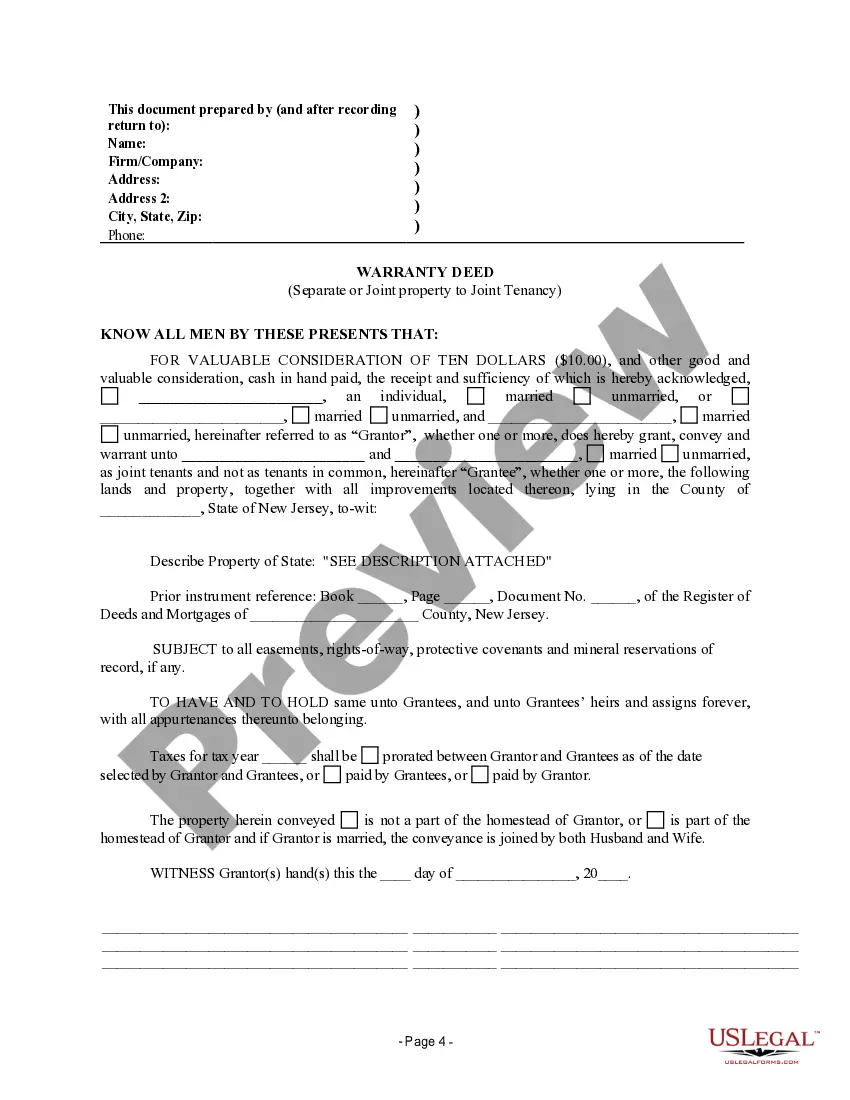 Preview Warranty Deed for Separate or Joint Property to Joint Tenancy