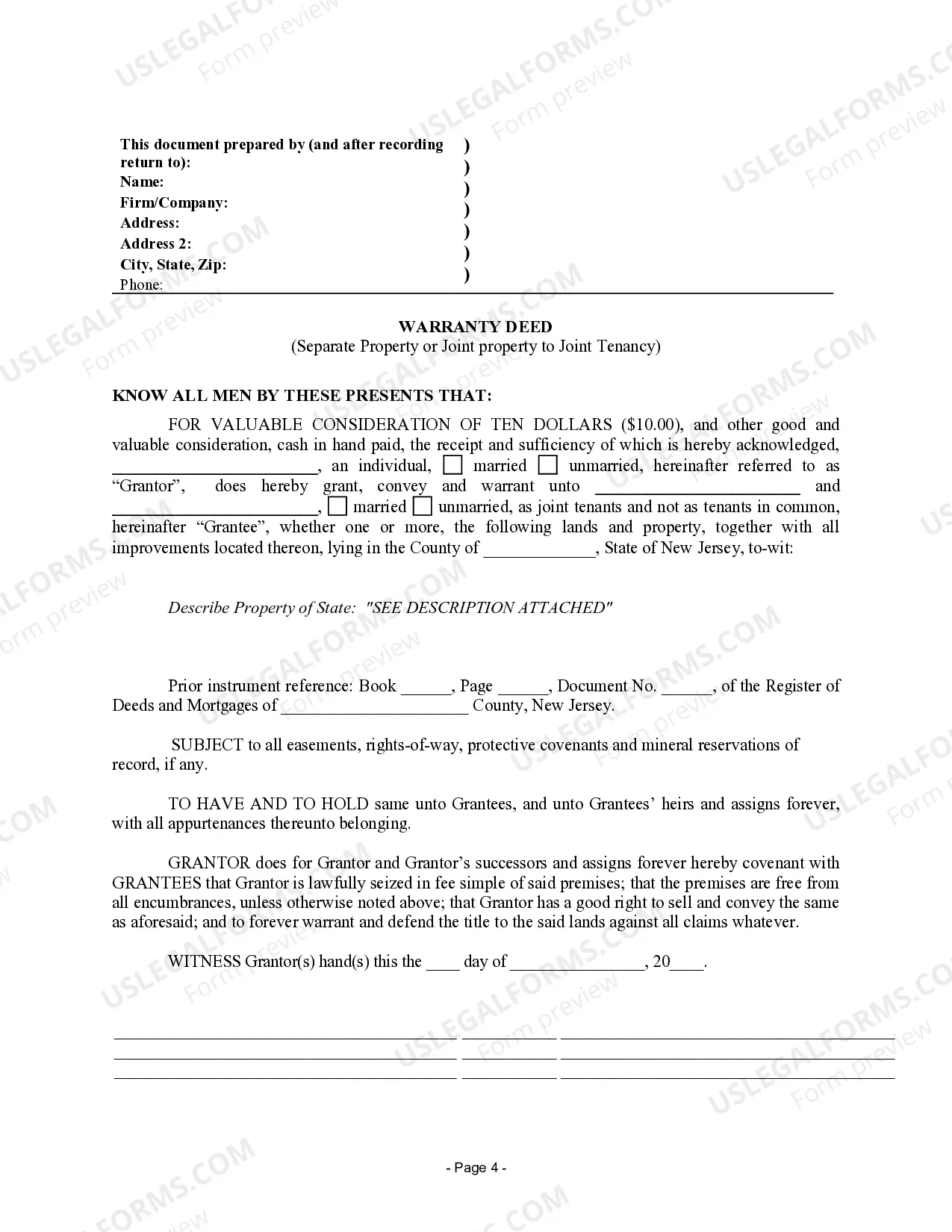 Preview Warranty Deed to Separate Property of One Spouse to Both Spouses as Joint Tenants