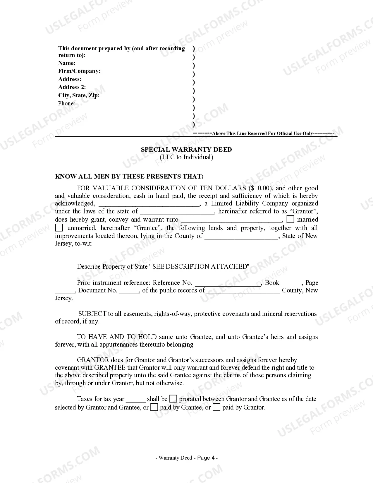 Preview Special Warranty Deed for Limited Liability Company LLC to Individual