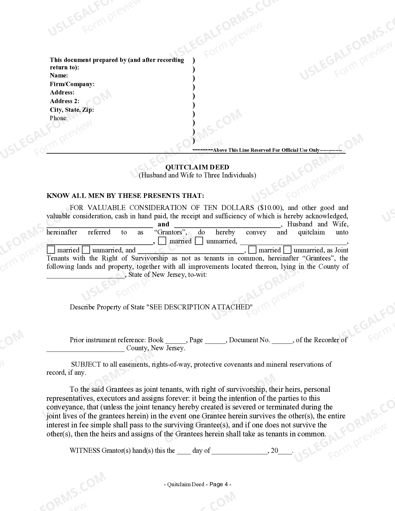 Preview Quitclaim Deed from Husband and Wife to Three Individuals as Joint Tenants