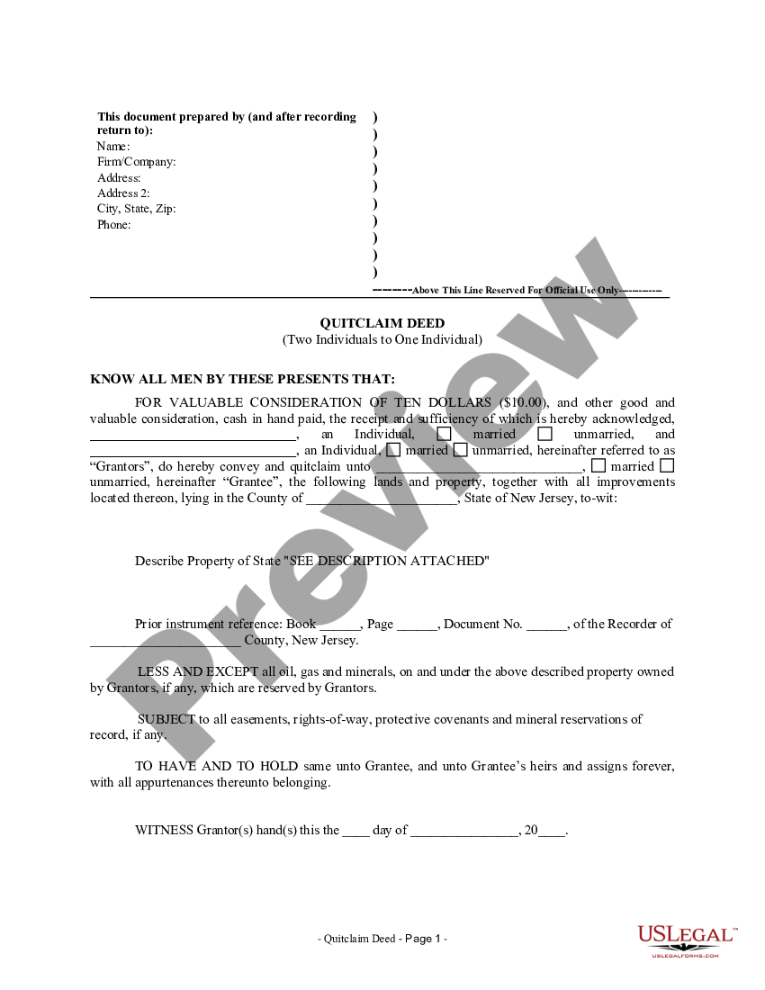 New Jersey Quitclaim Deed From Two Individuals To One Individual Quitclaim Deed Form Us 8956