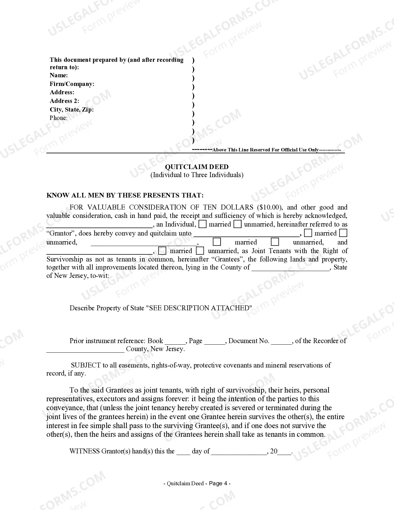 Preview Quitclaim Deed for Individual to Three Individuals as Joint Tenants