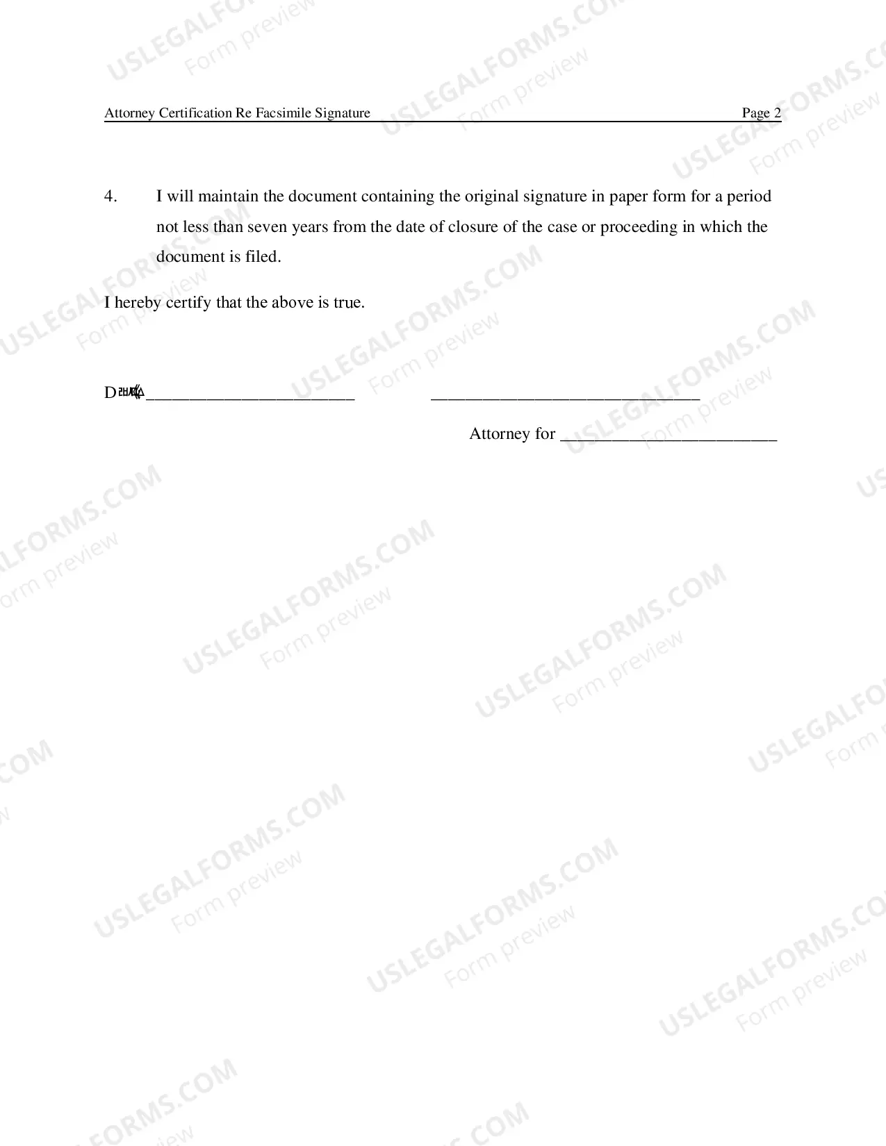 Preview Attorney Certification Re Facsimile Signature