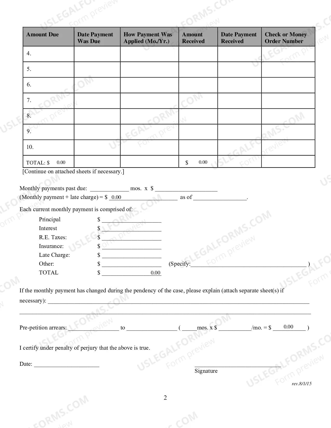 Preview Certification of Creditor Regarding Post Petition Payment History (Note and Mortgage)
