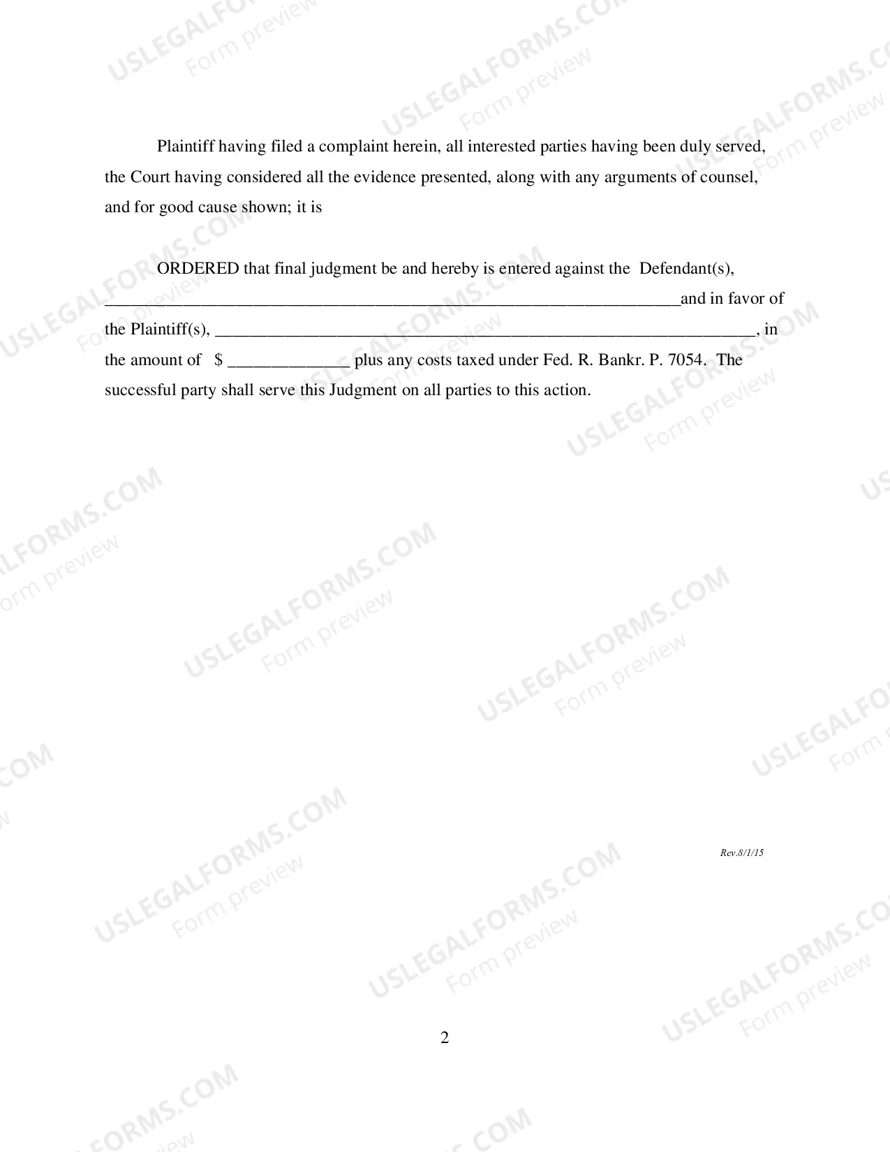 Preview Final Judgment for Sum Certain and Costs