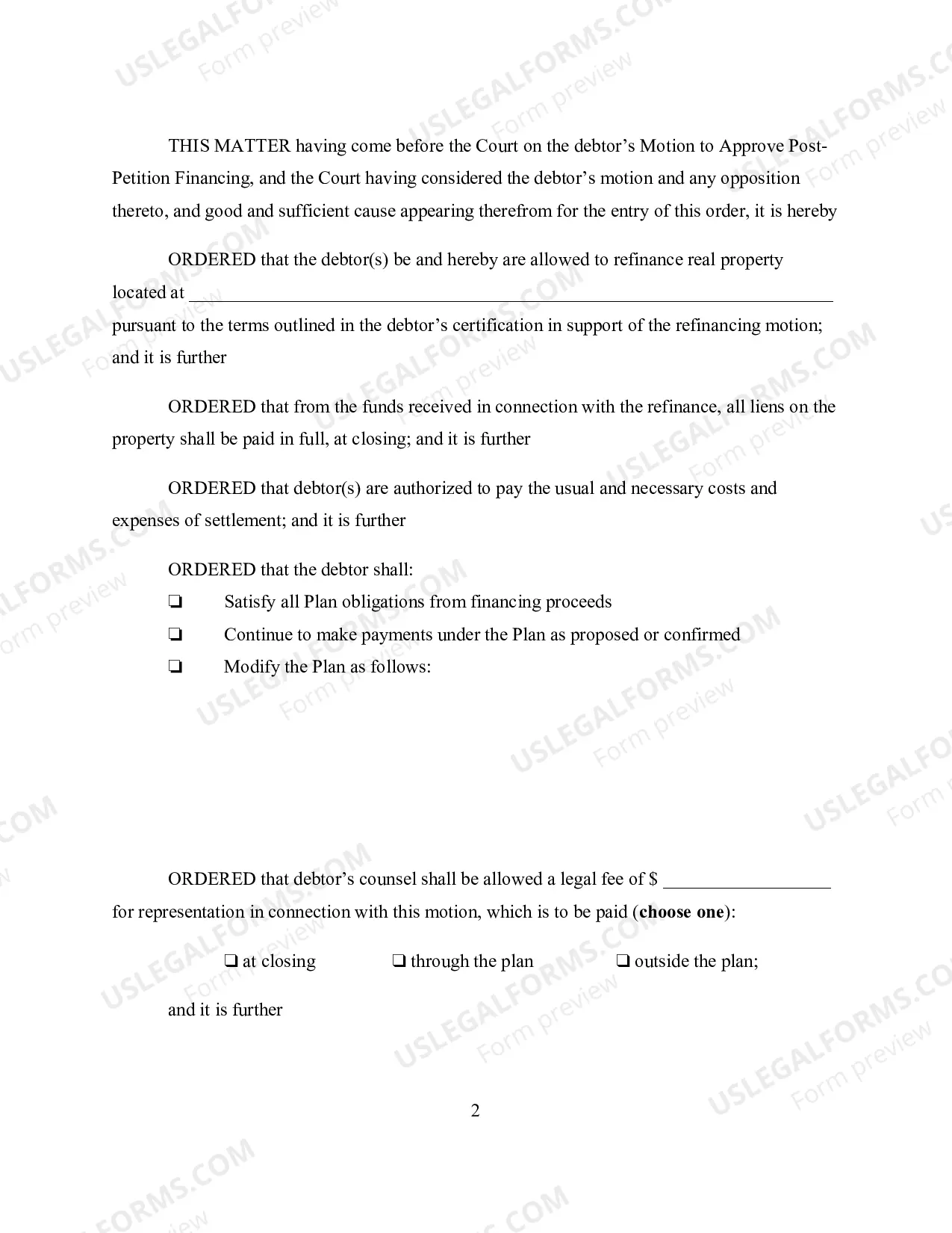 Preview Order Approving Post-Petition Financing