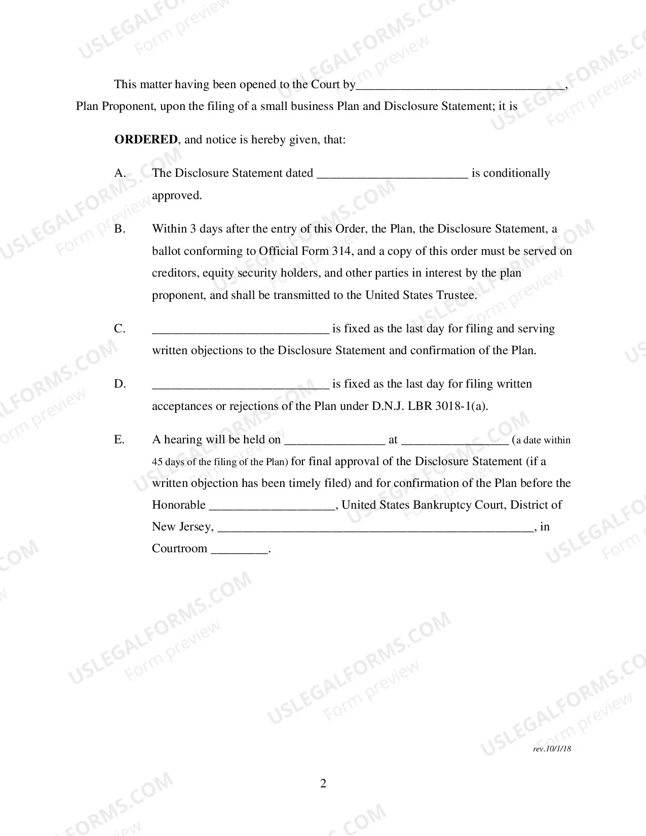 Preview Order Conditionally Approving Disclosure Statement (Small Business)