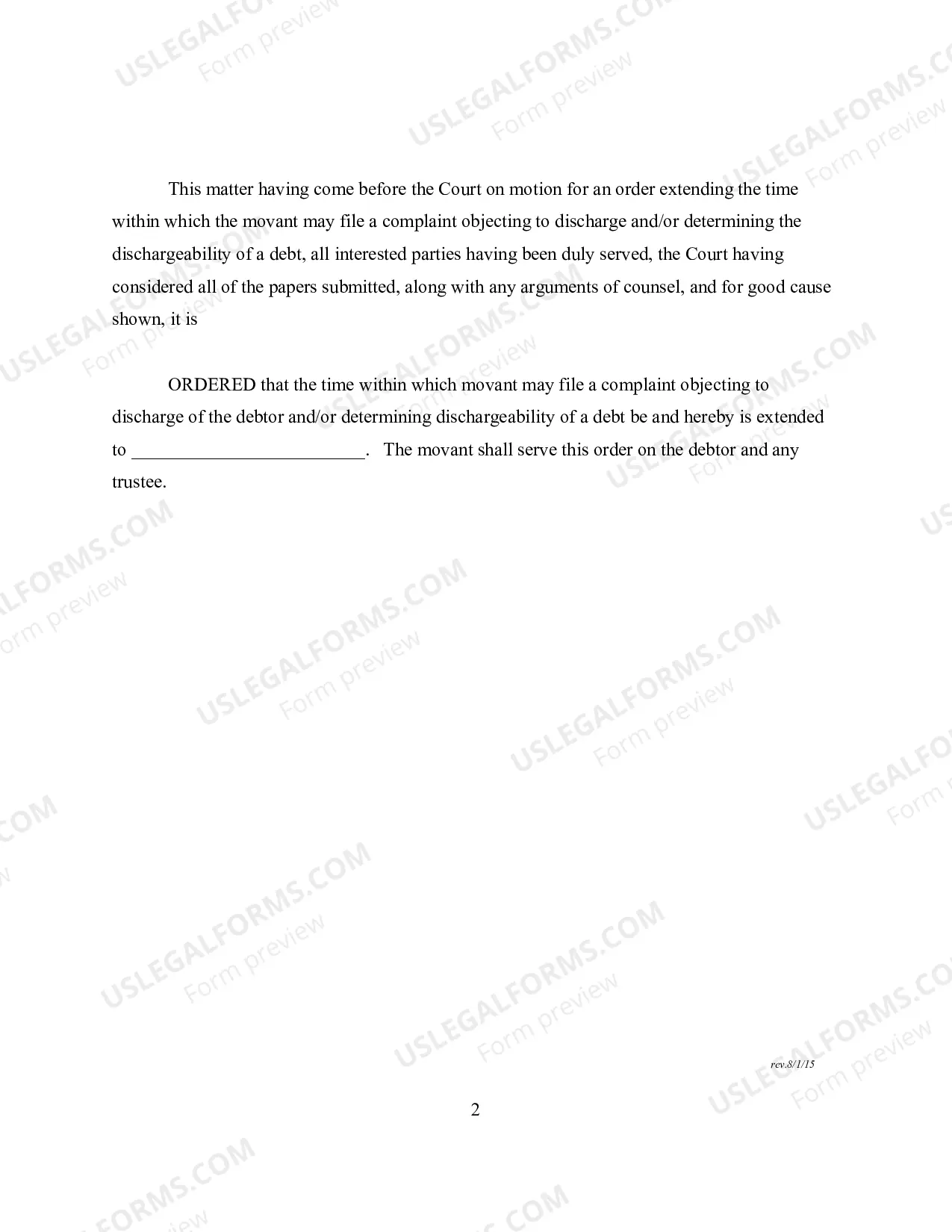Preview Order Extending Time to File a Complaint Objecting to Discharge