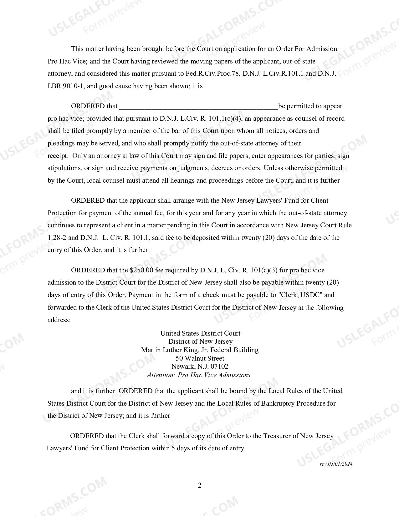 Preview Order For Admission Pro Hac Vice