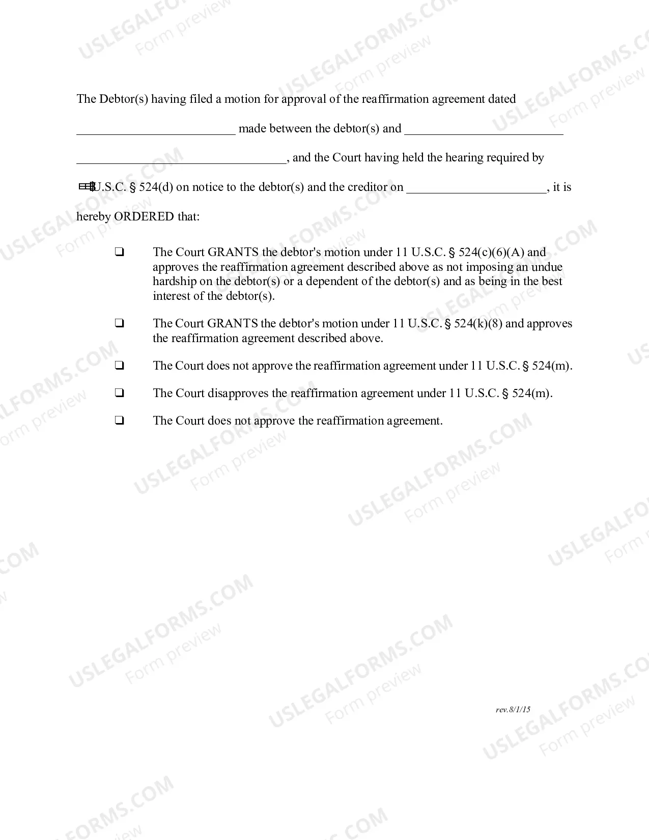 Preview Order On Reaffirmation Agreement