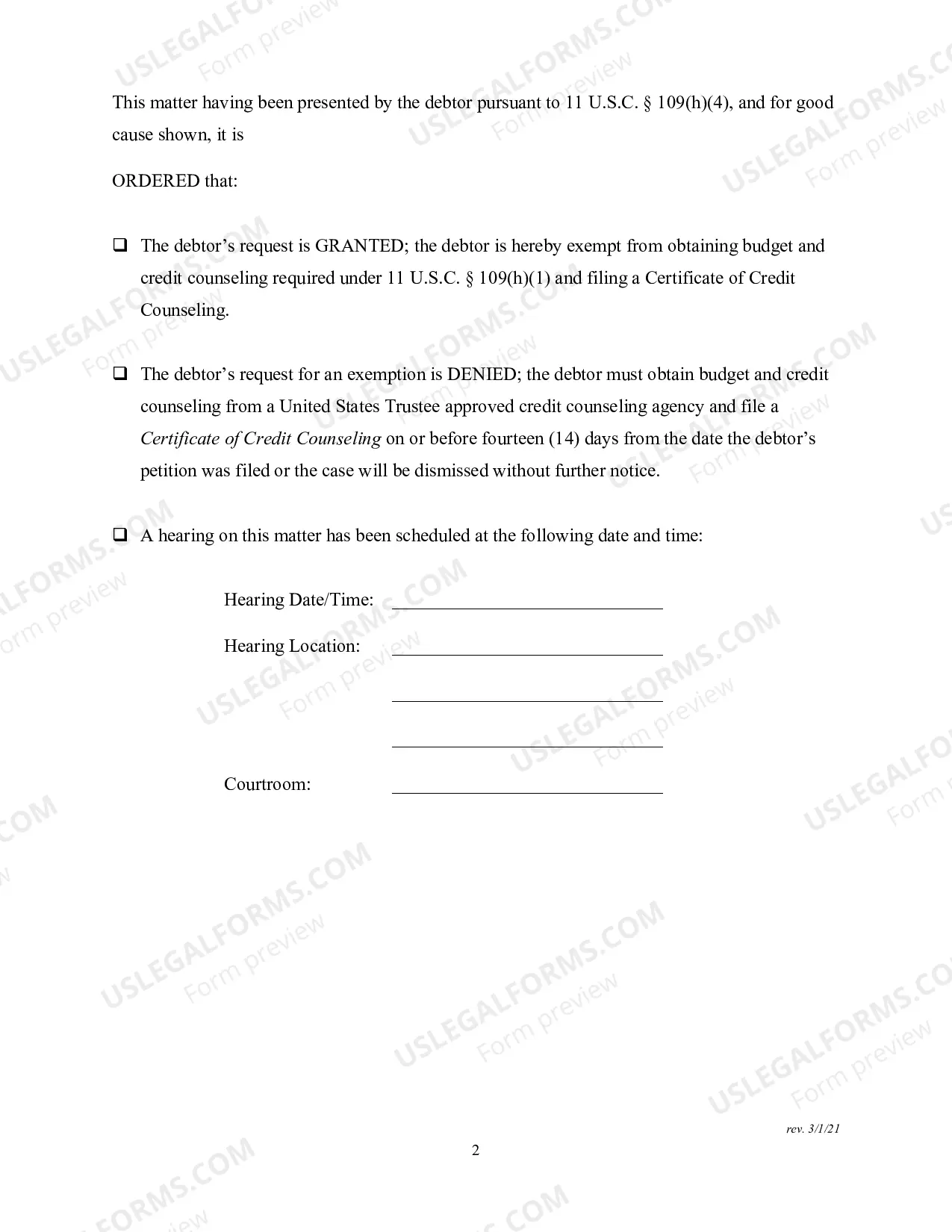 Preview Order On Request For Exemption From Credit Counseling Financial Management Or Certification In Support of Discharge