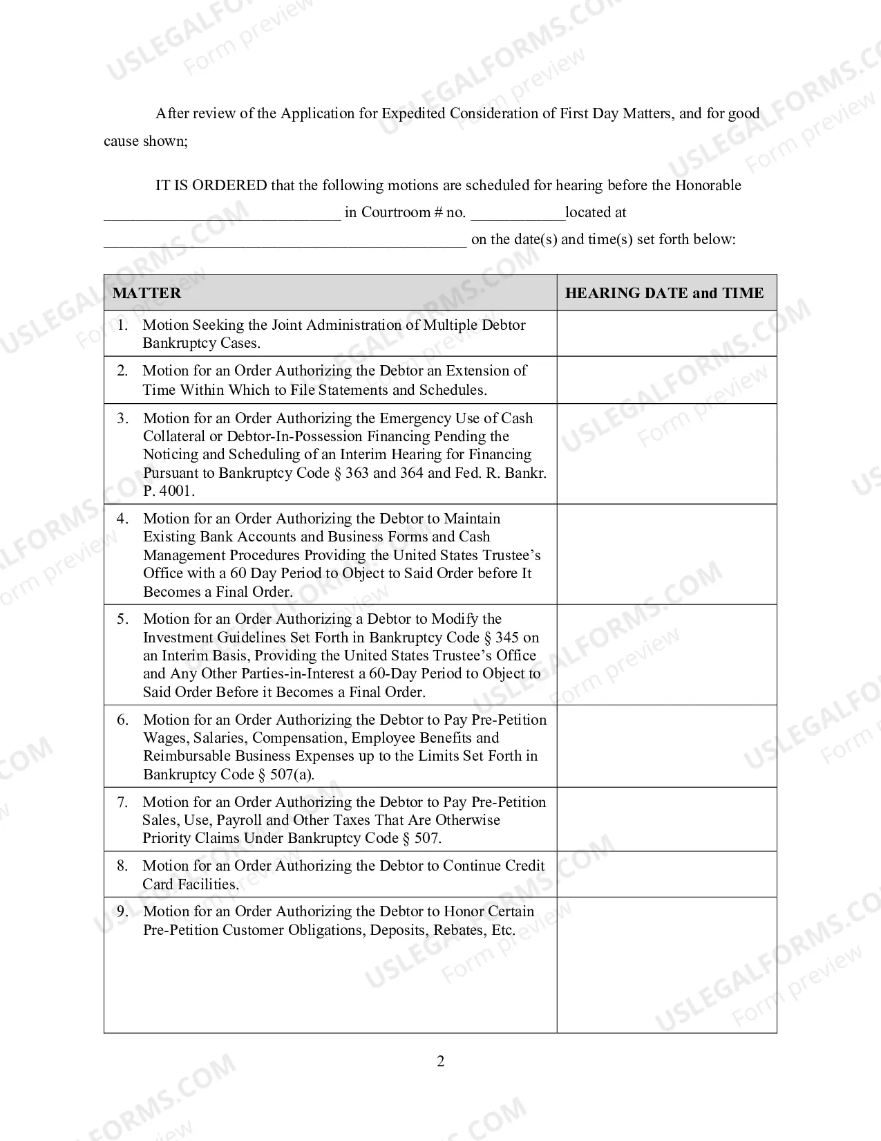 Preview Order Regarding Application For Expedited Consideration of First Day Matters