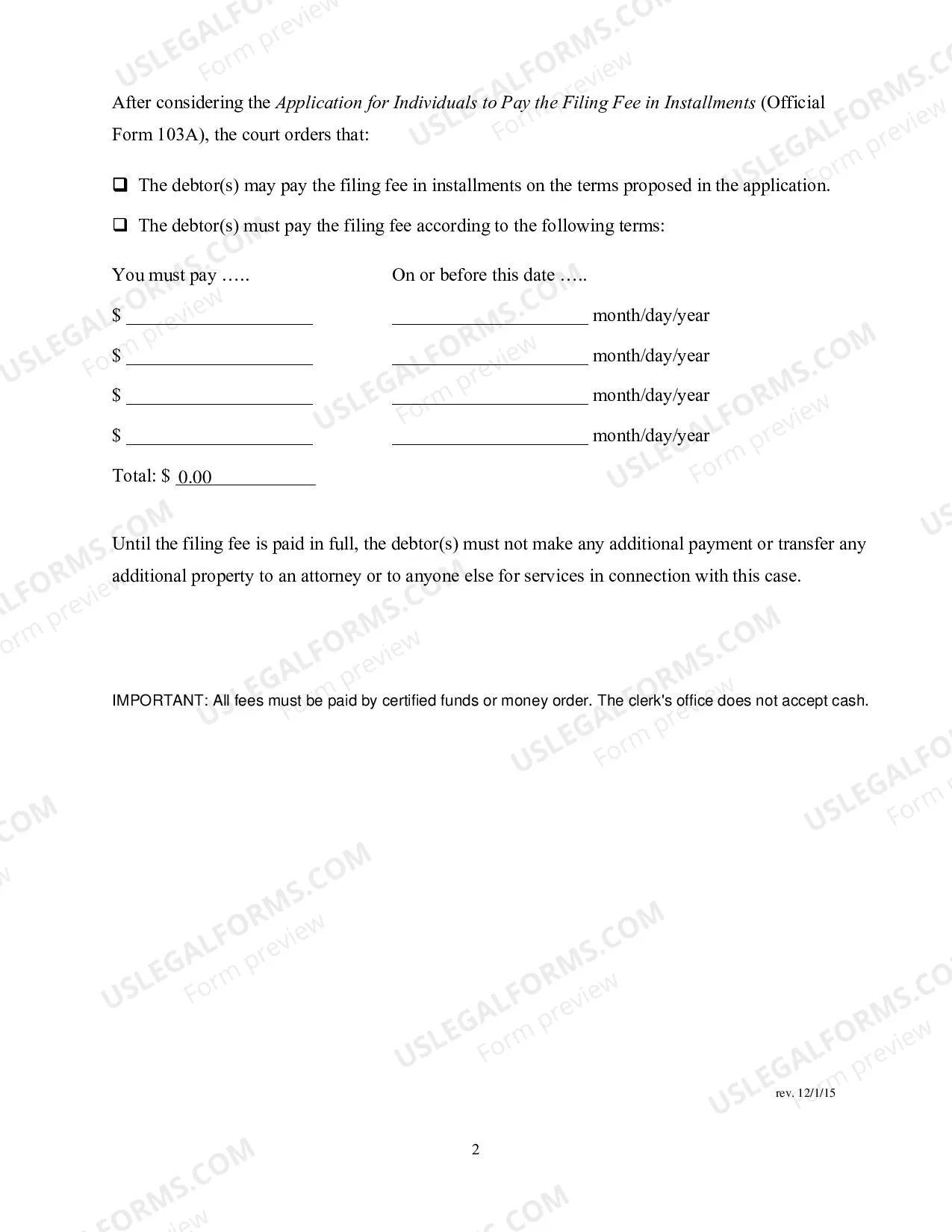 Preview Application and Order for Individuals to Pay the Filing Fee in Installments