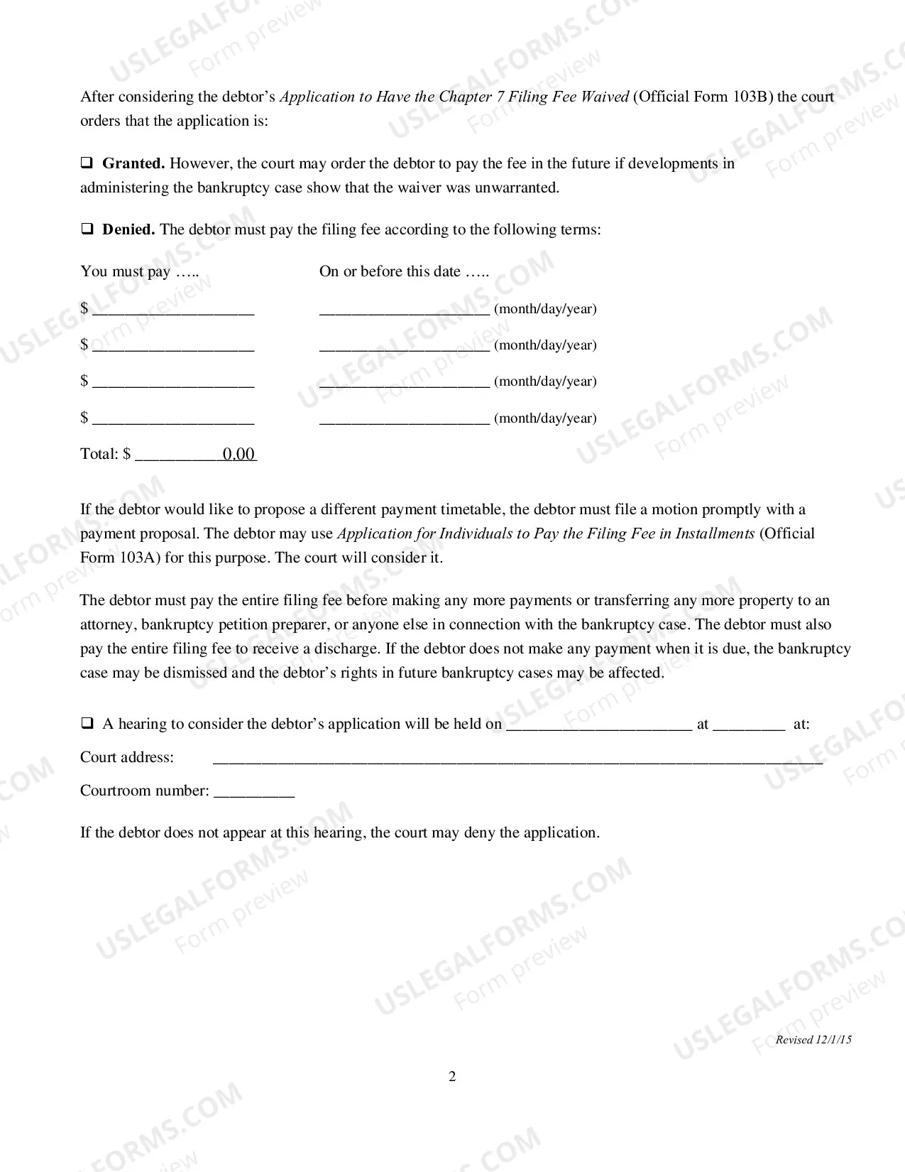 Preview Application and Order to Have the Chapter 7 Filing Fee Waived
