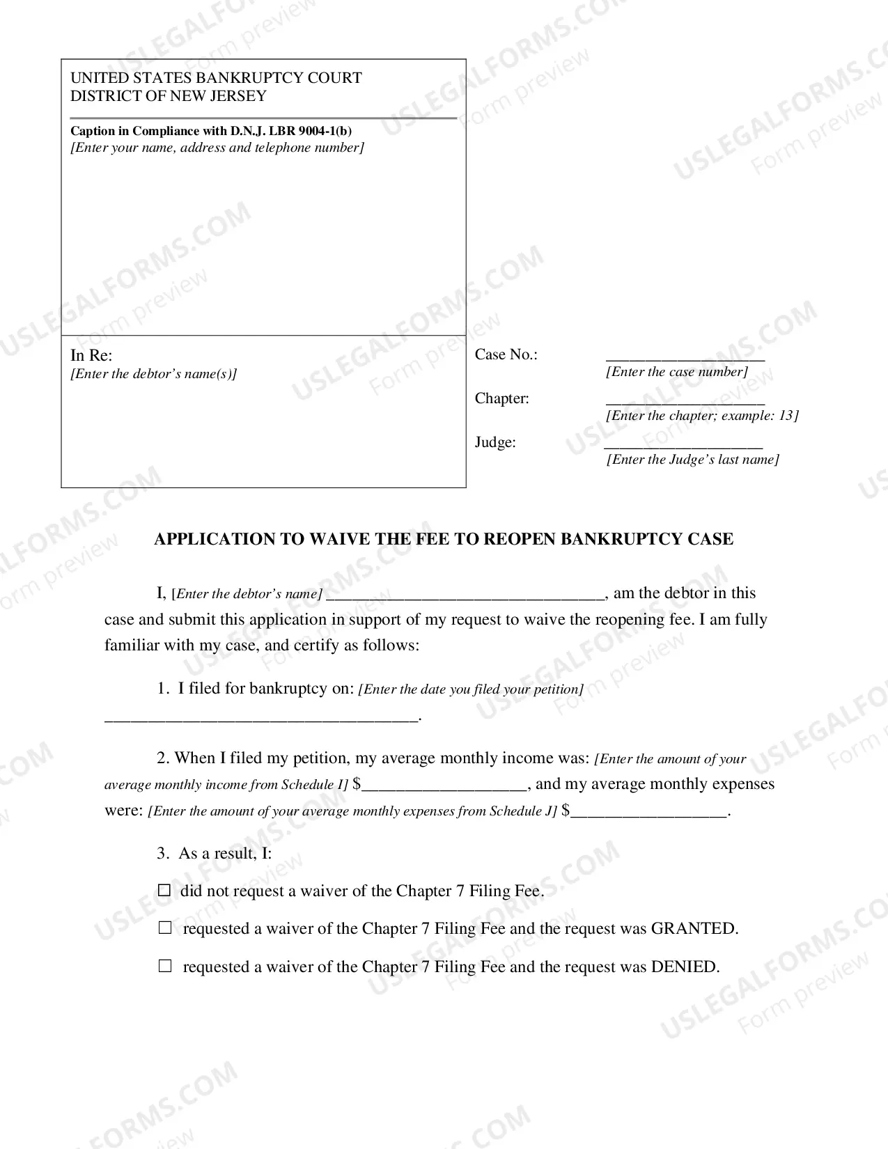 Preview Application to Waive the Fee to Reopen Bankruptcy Case