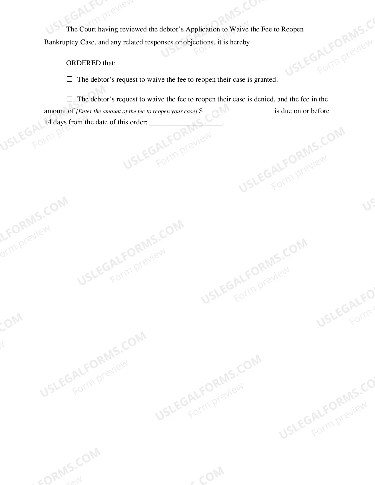 Preview Application to Waive the Fee to Reopen Bankruptcy Case