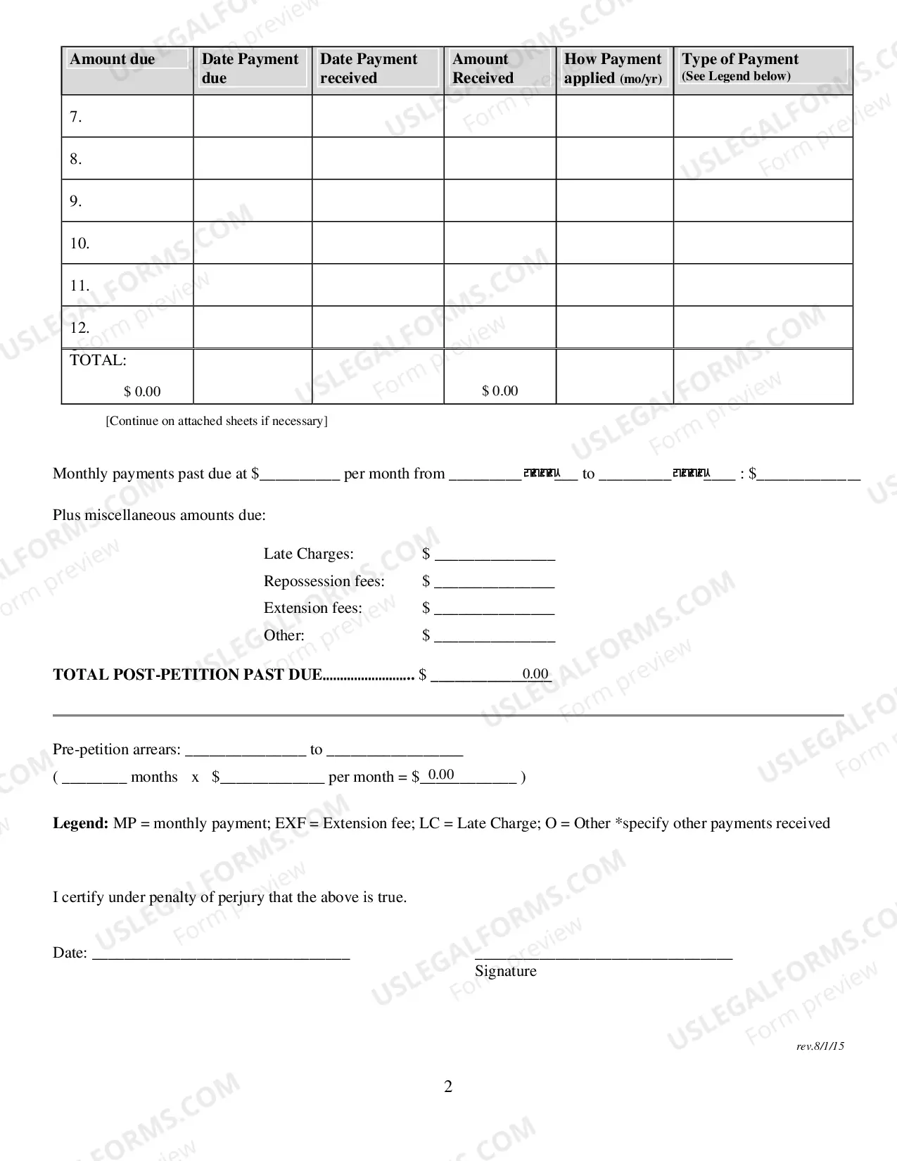 Preview Certification of Creditor Regarding Post Petition Payment History (Vehicle Loan/Lease)