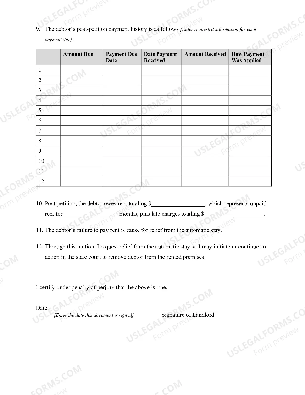 Preview Motion for Relief from the Automatic Stay (Landlord)