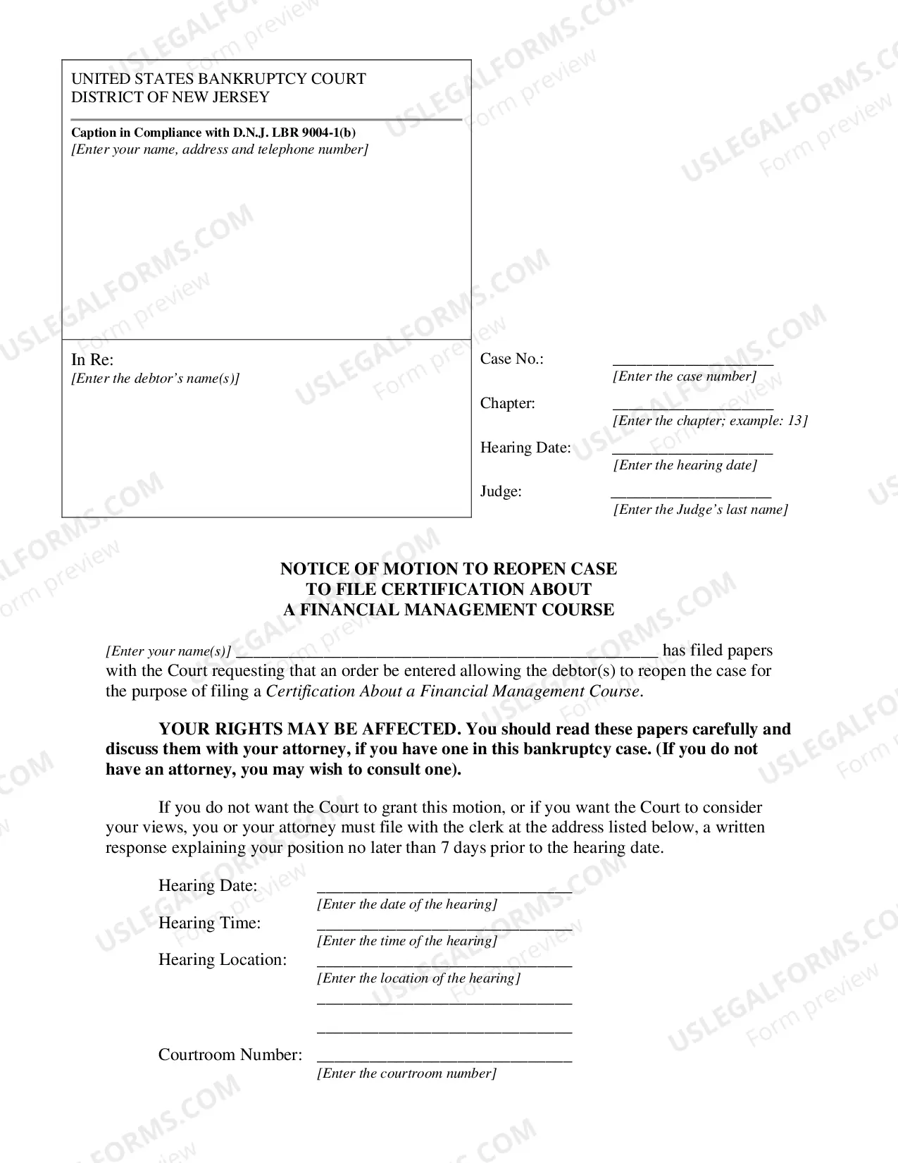 Preview Motion to Reopen a Case to File Certification About a Financial Management Course