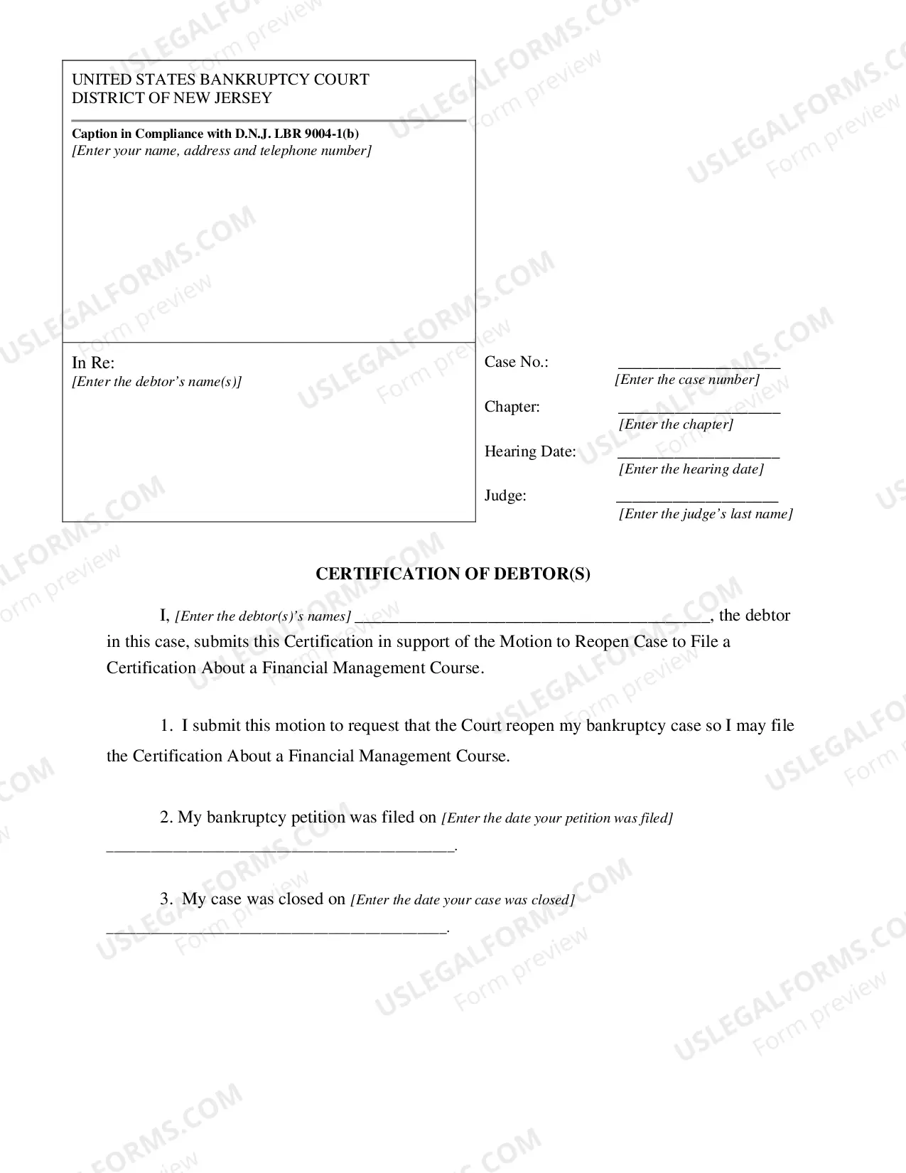 Preview Motion to Reopen a Case to File Certification About a Financial Management Course
