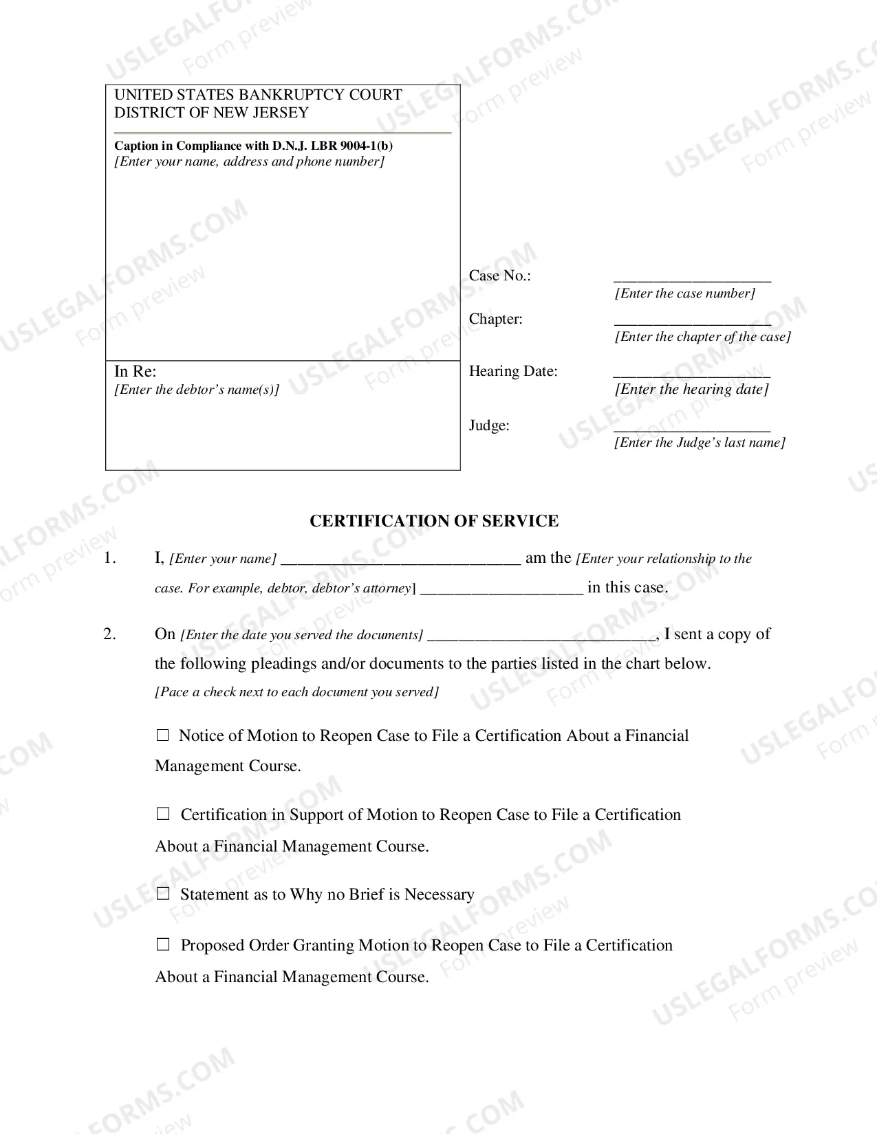 Preview Motion to Reopen a Case to File Certification About a Financial Management Course