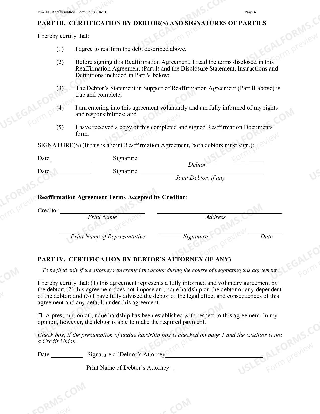 Preview Reaffirmation Agreement "Package" for Conventional Filers and Pro Se Debtors