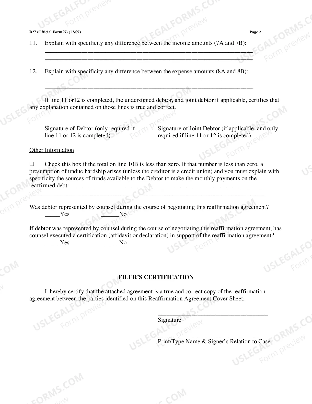 Preview Reaffirmation Agreement "Package" for Conventional Filers and Pro Se Debtors
