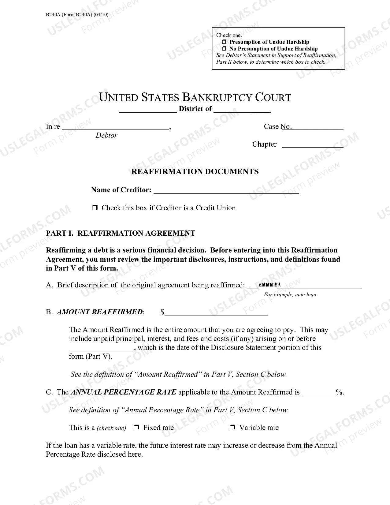 Preview Reaffirmation Agreement "Package" for Conventional Filers and Pro Se Debtors