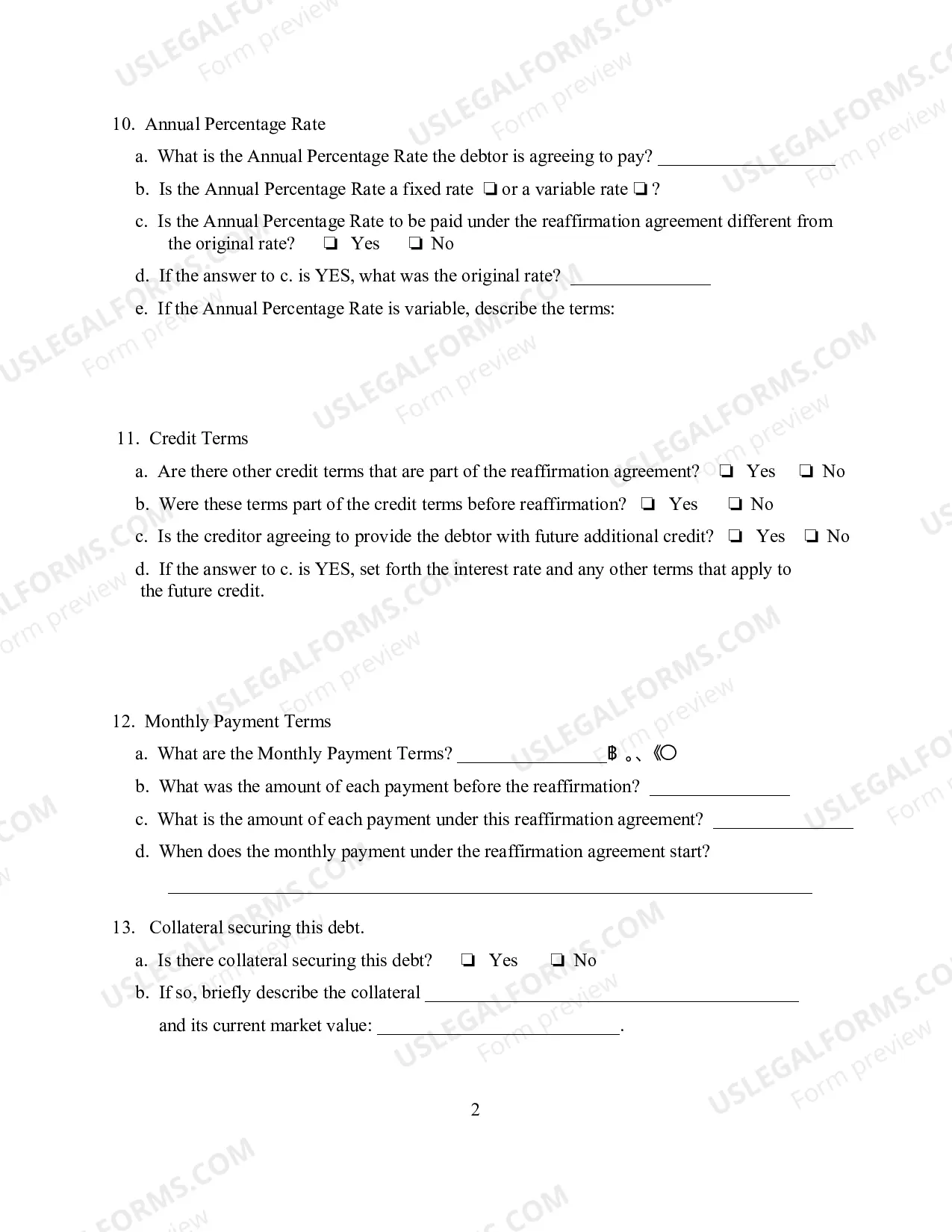 Preview Reaffirmation Agreement "Package" for E-Filers