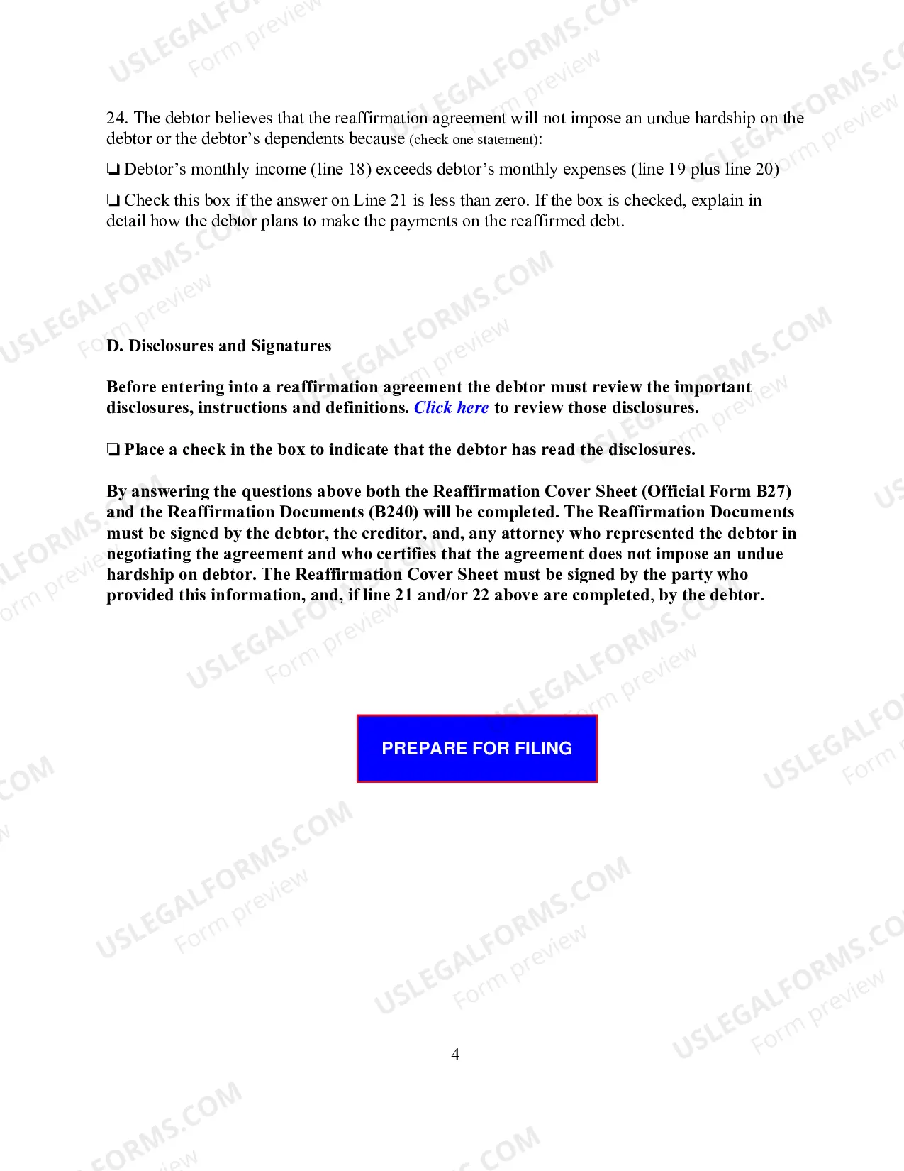 Preview Reaffirmation Agreement "Package" for E-Filers