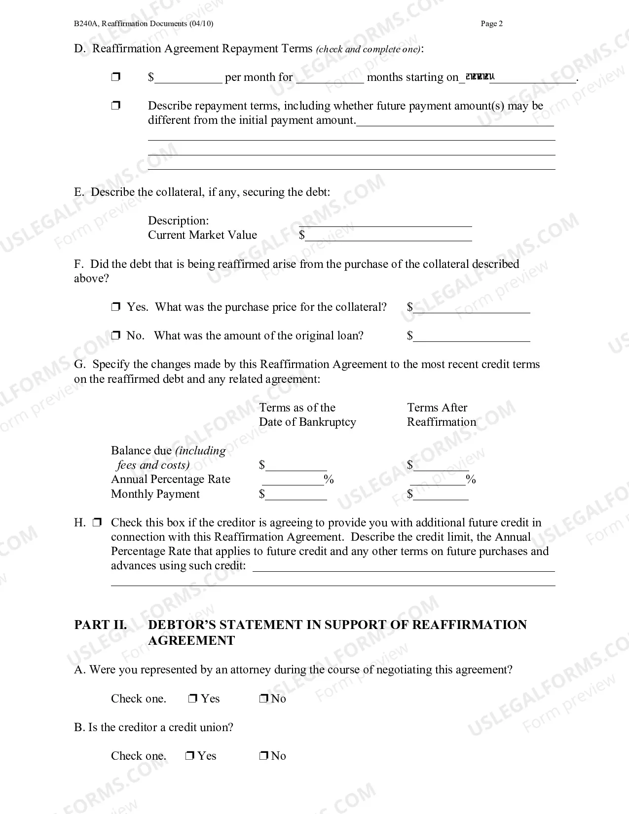 Preview Reaffirmation Agreement "Package" for E-Filers