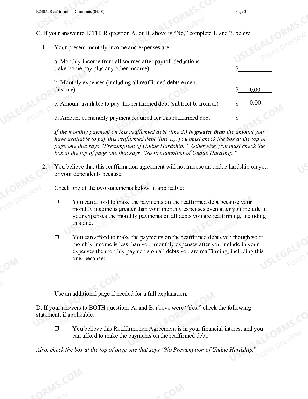 Preview Reaffirmation Agreement "Package" for E-Filers