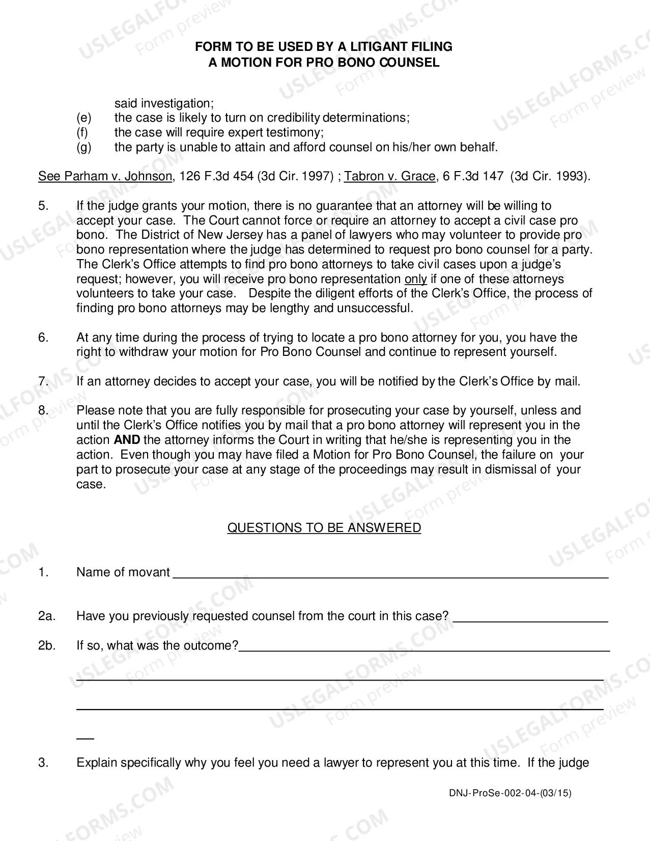 Preview Motion for Pro Bono Counsel - Pro Se Filing