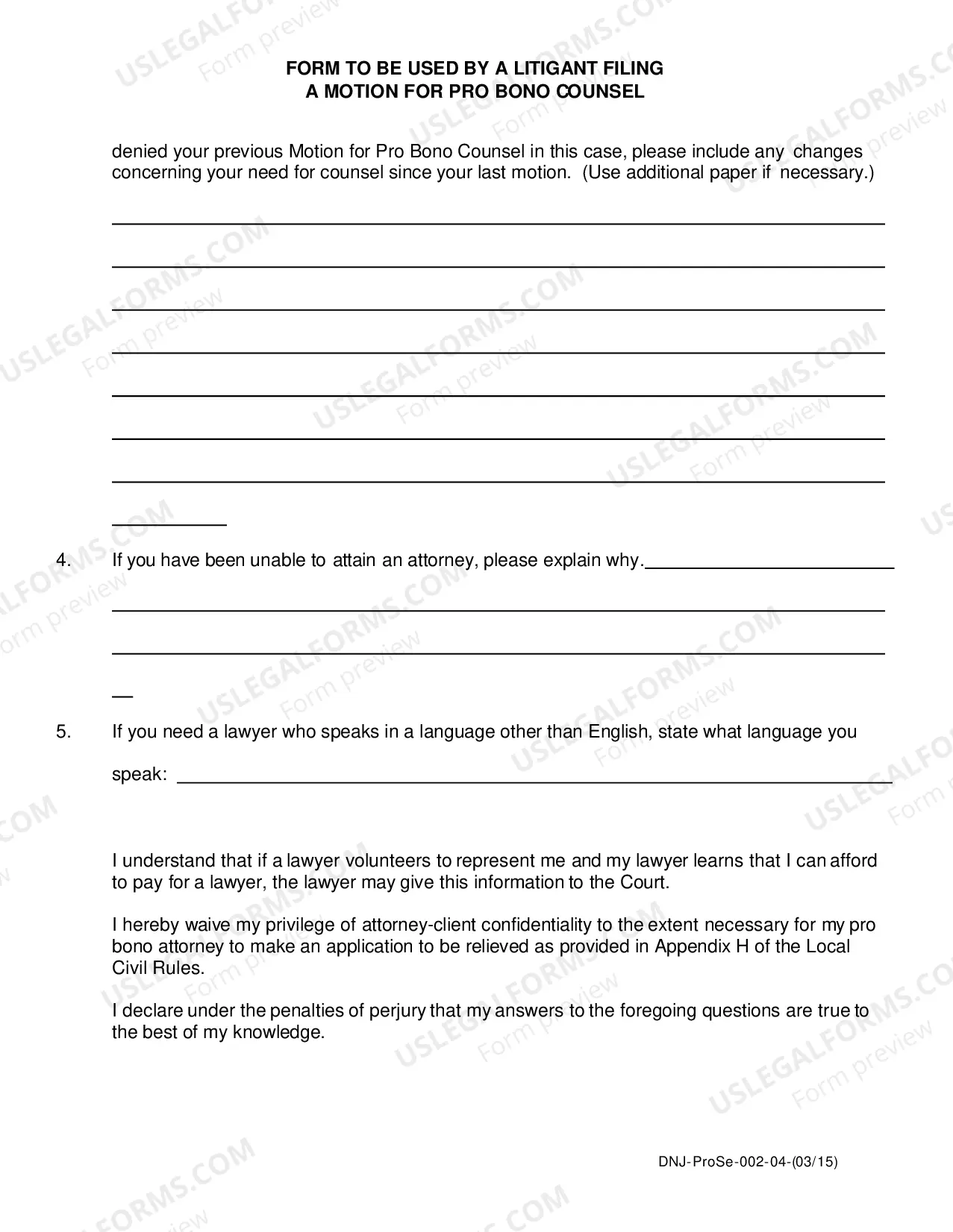 Preview Motion for Pro Bono Counsel - Pro Se Filing