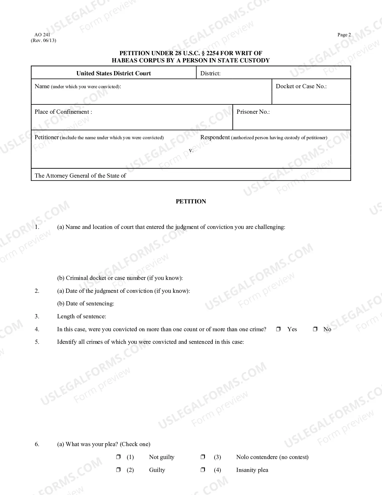 Preview Petition for Relief From a Conviction or Sentence By a Person in State Custody Under 28 U.S.C. 2254.