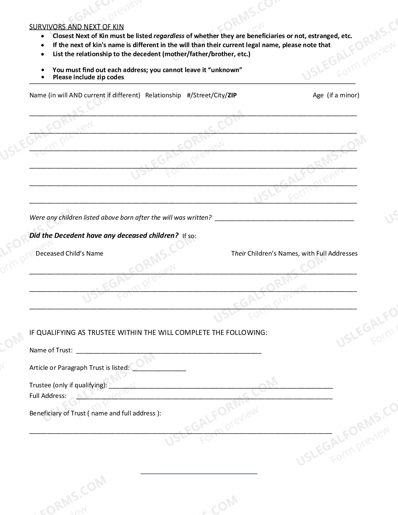 Preview Probate Information Sheet