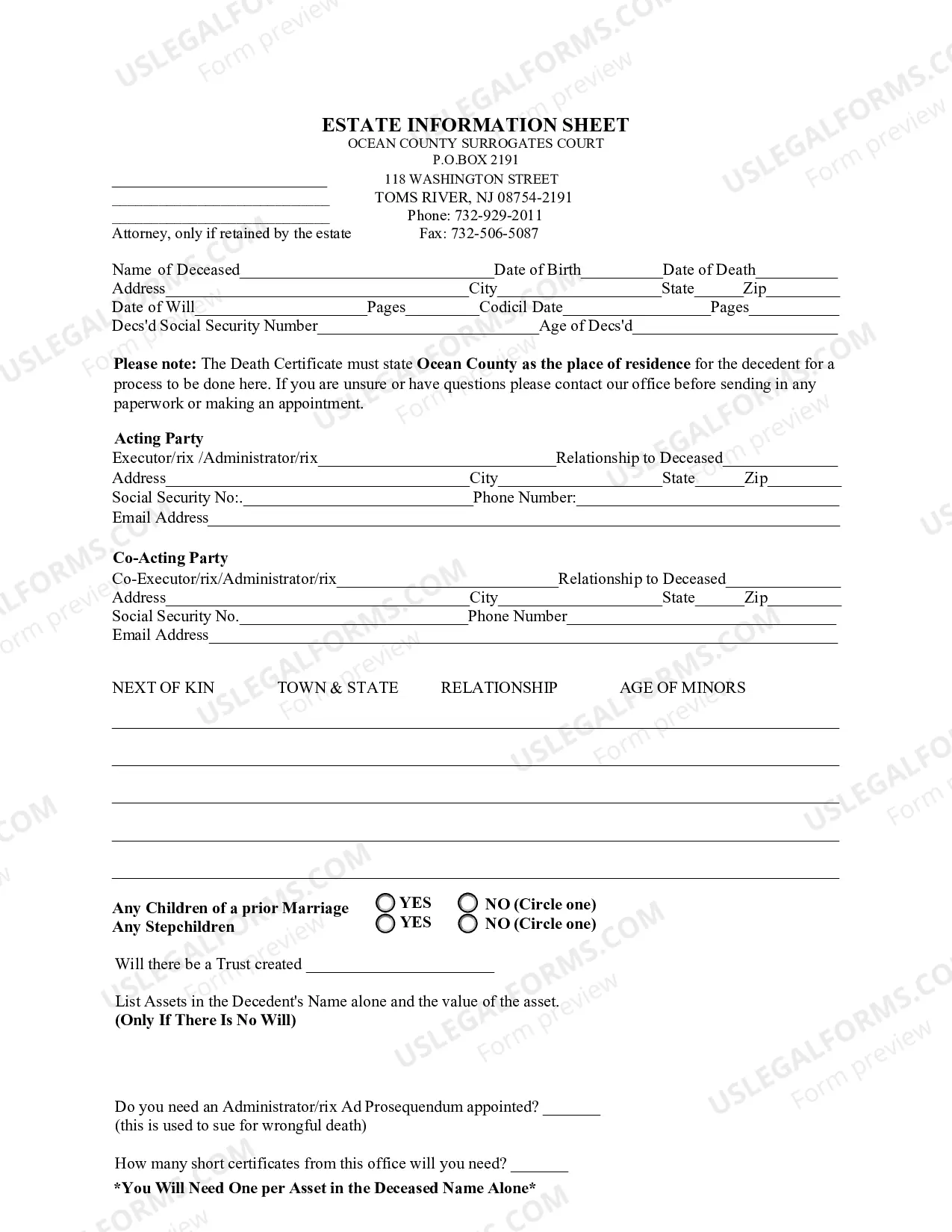Preview Estate Information Sheet