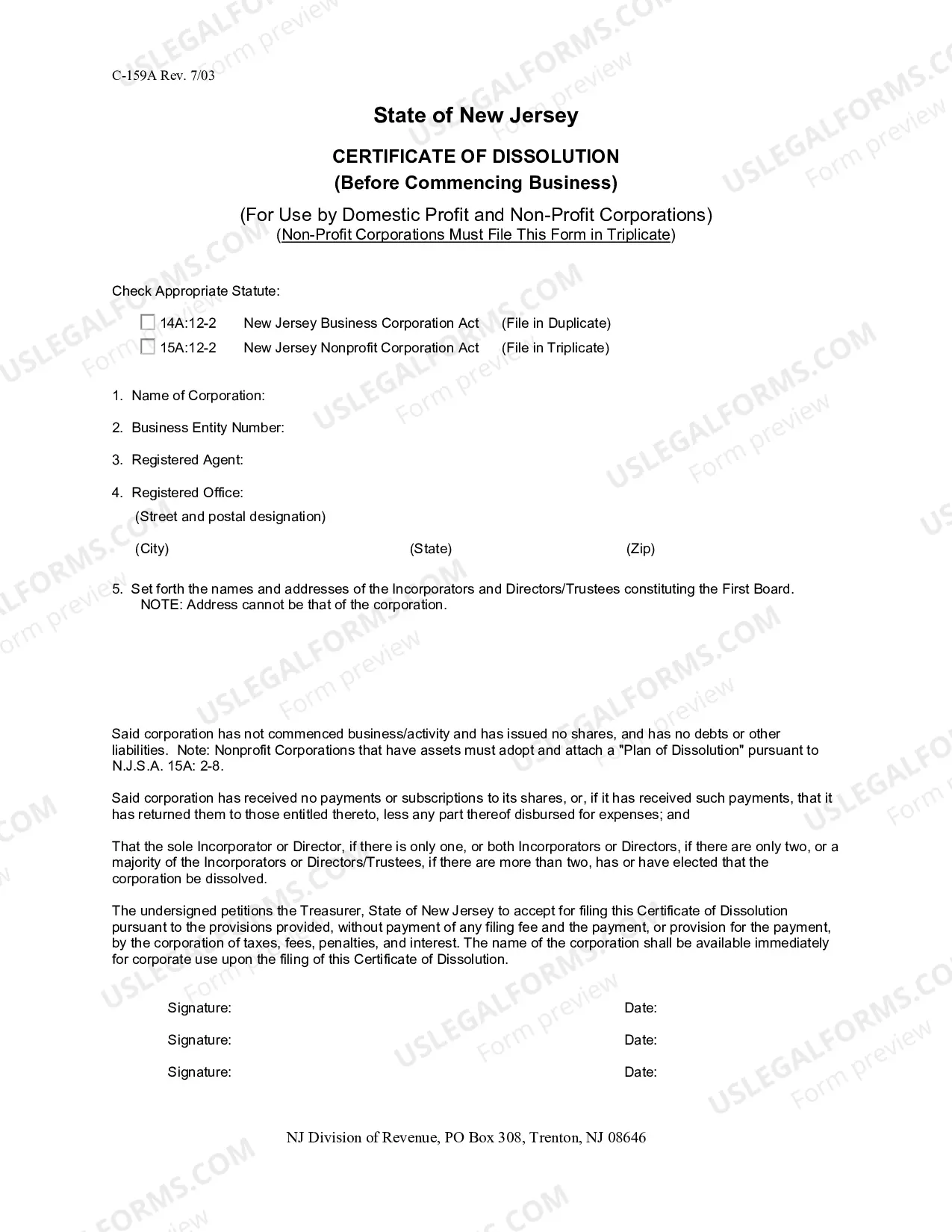 Preview Certificate of Dissolution (Before Commencing Business) (For Use By Domestic Profit and Non Profit)