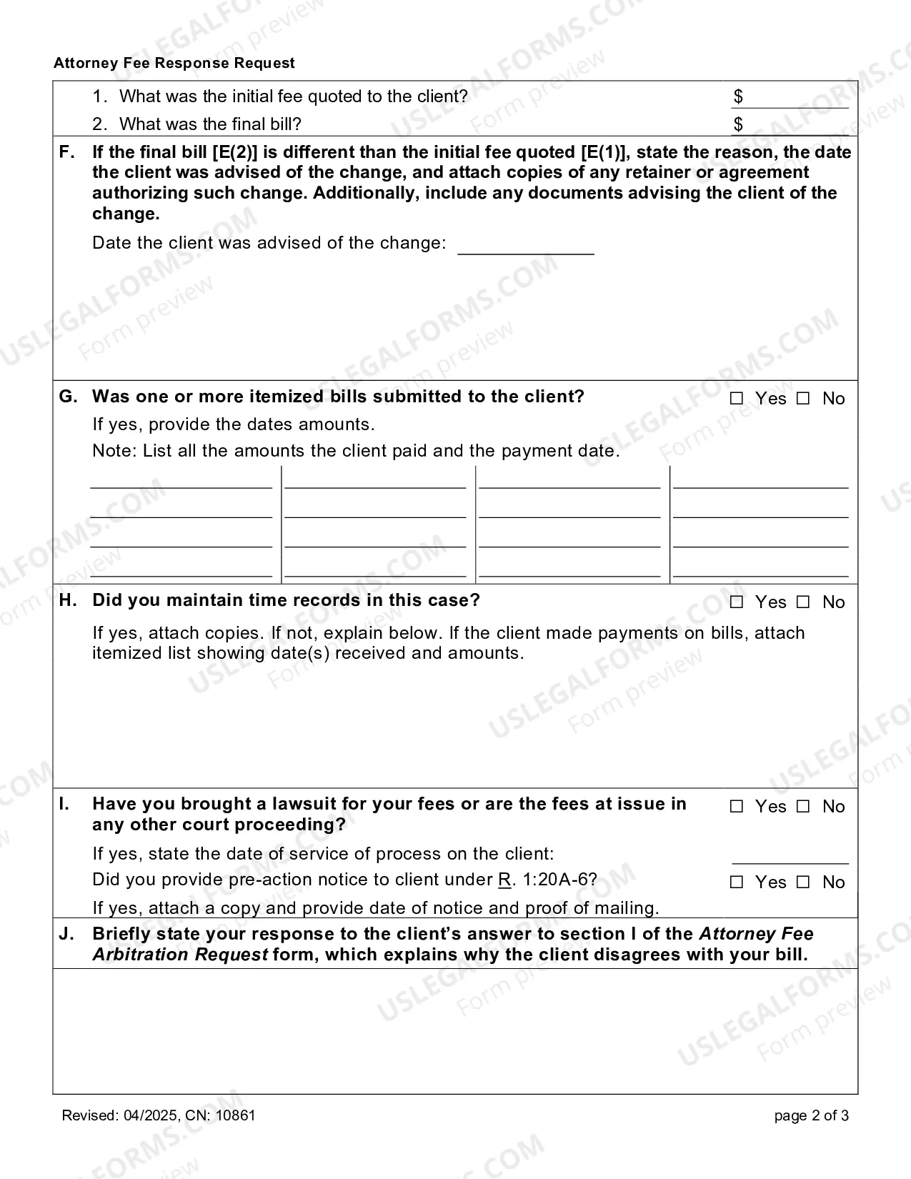 Preview Attorney Fee Response Form