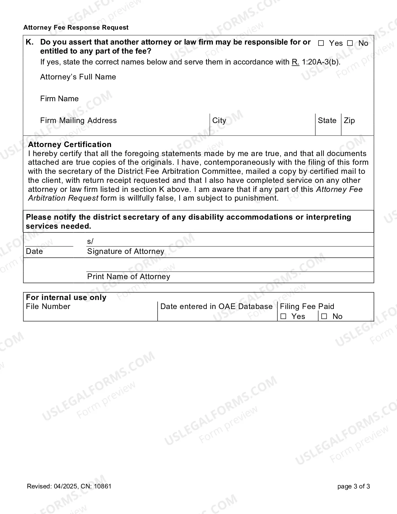 Preview Attorney Fee Response Form