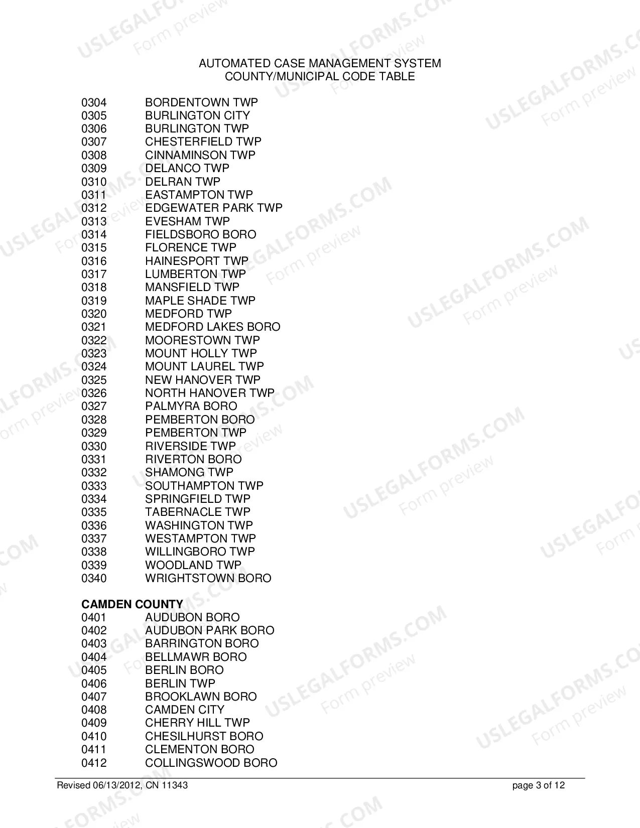 Preview 11343 - Automated Case Management System County/Municipal Code Table