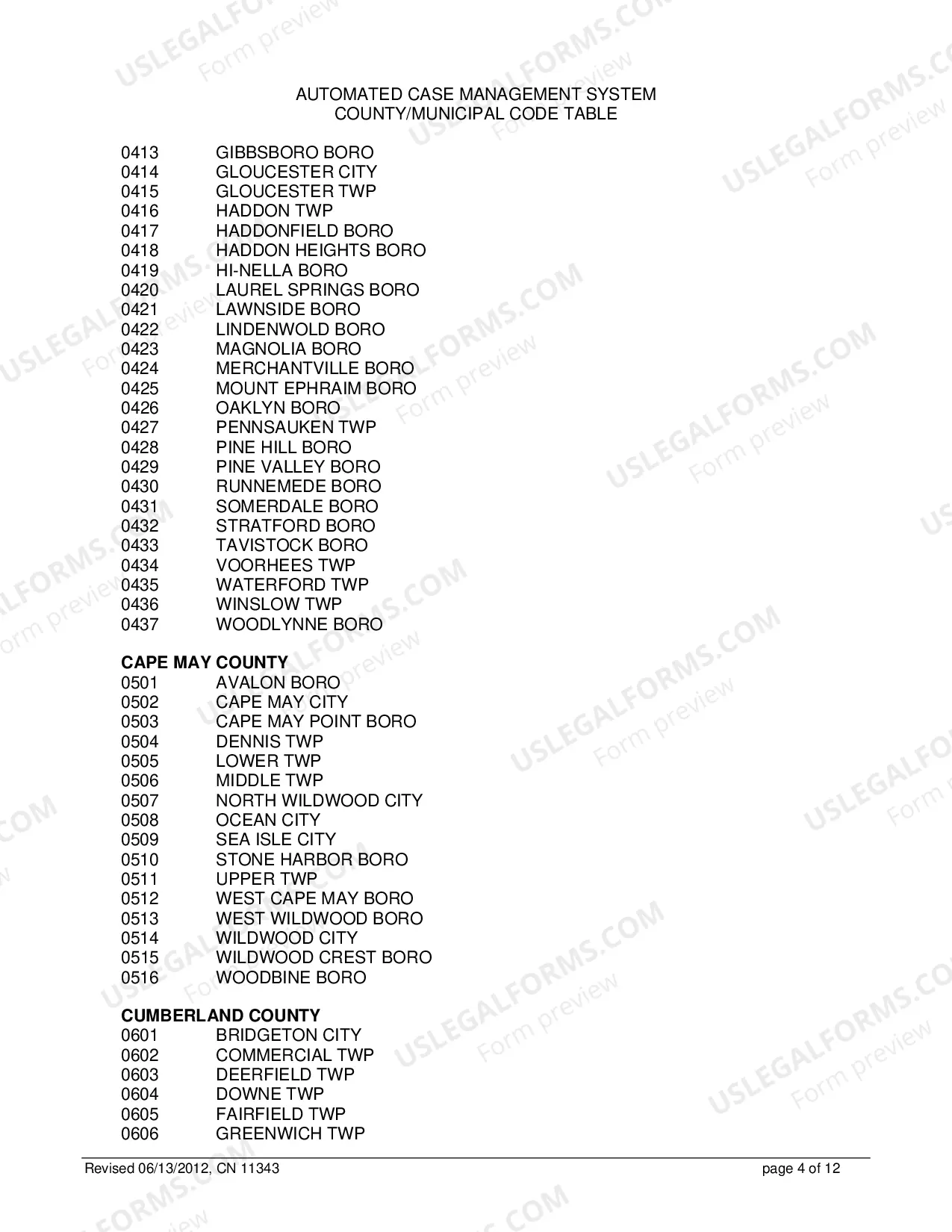 Preview 11343 - Automated Case Management System County/Municipal Code Table